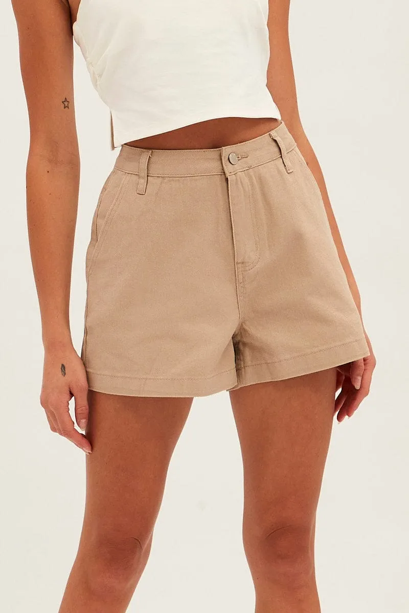 Beige High Waist Short Cotton Drill