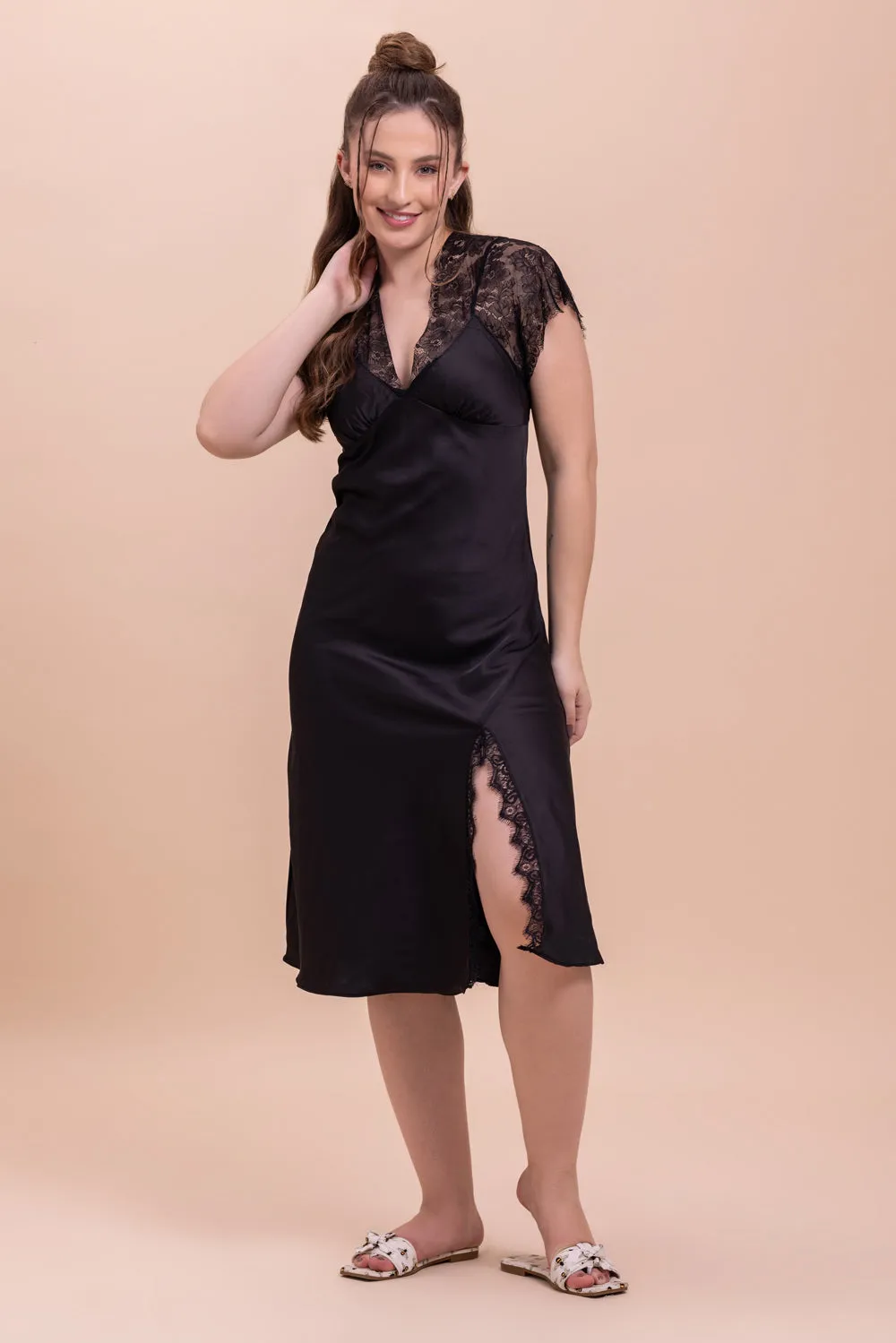 Black satin Night dress with Lace detail