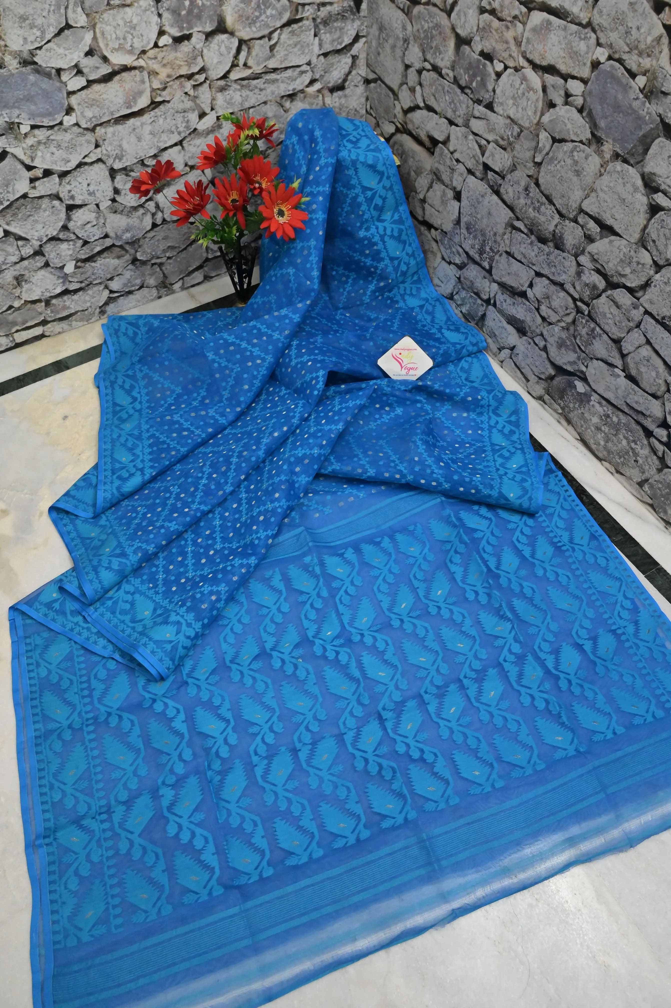 Blue Color Jamdani Saree with Embroidered Blouse Piece