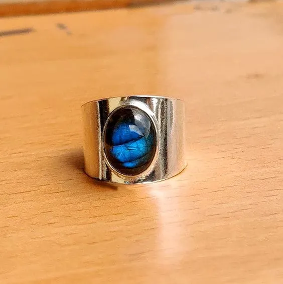 Blue Fire Labradorite 925 Sterling Silver Handmade Band Ring For Her