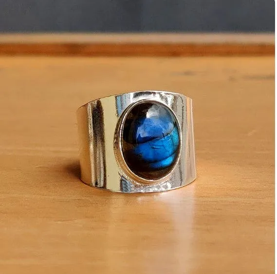 Blue Fire Labradorite 925 Sterling Silver Handmade Band Ring For Her