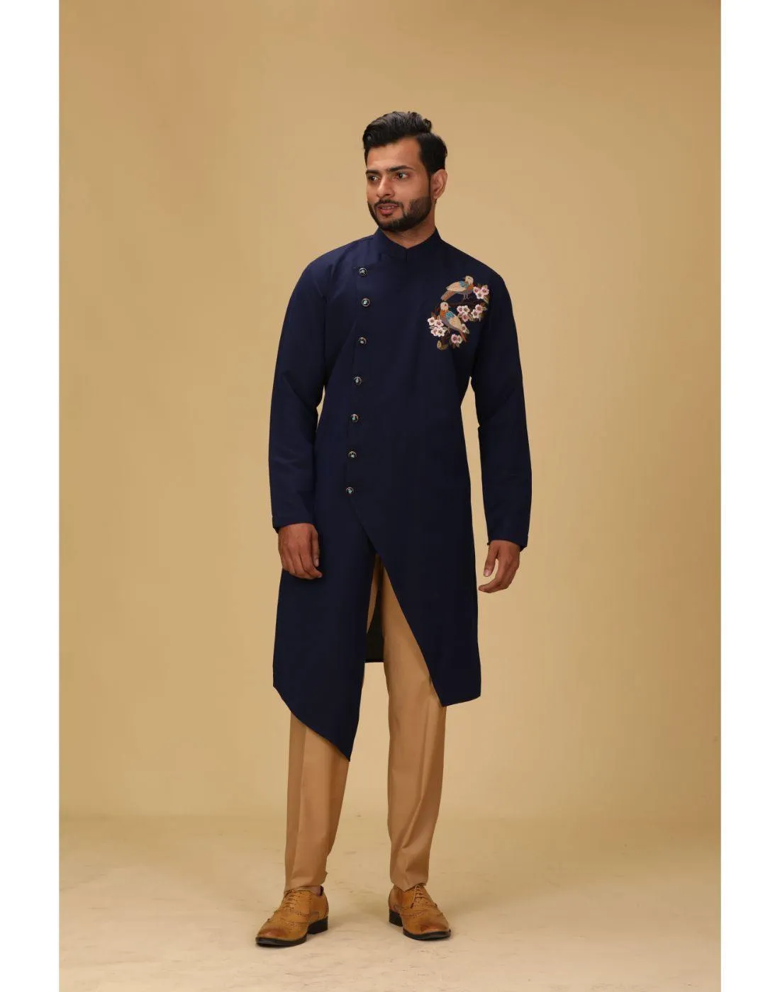 BluesnGreys Navy Blue With Thread Embroidery Asysymetrical Designer Sherwani Pant Set - Rent