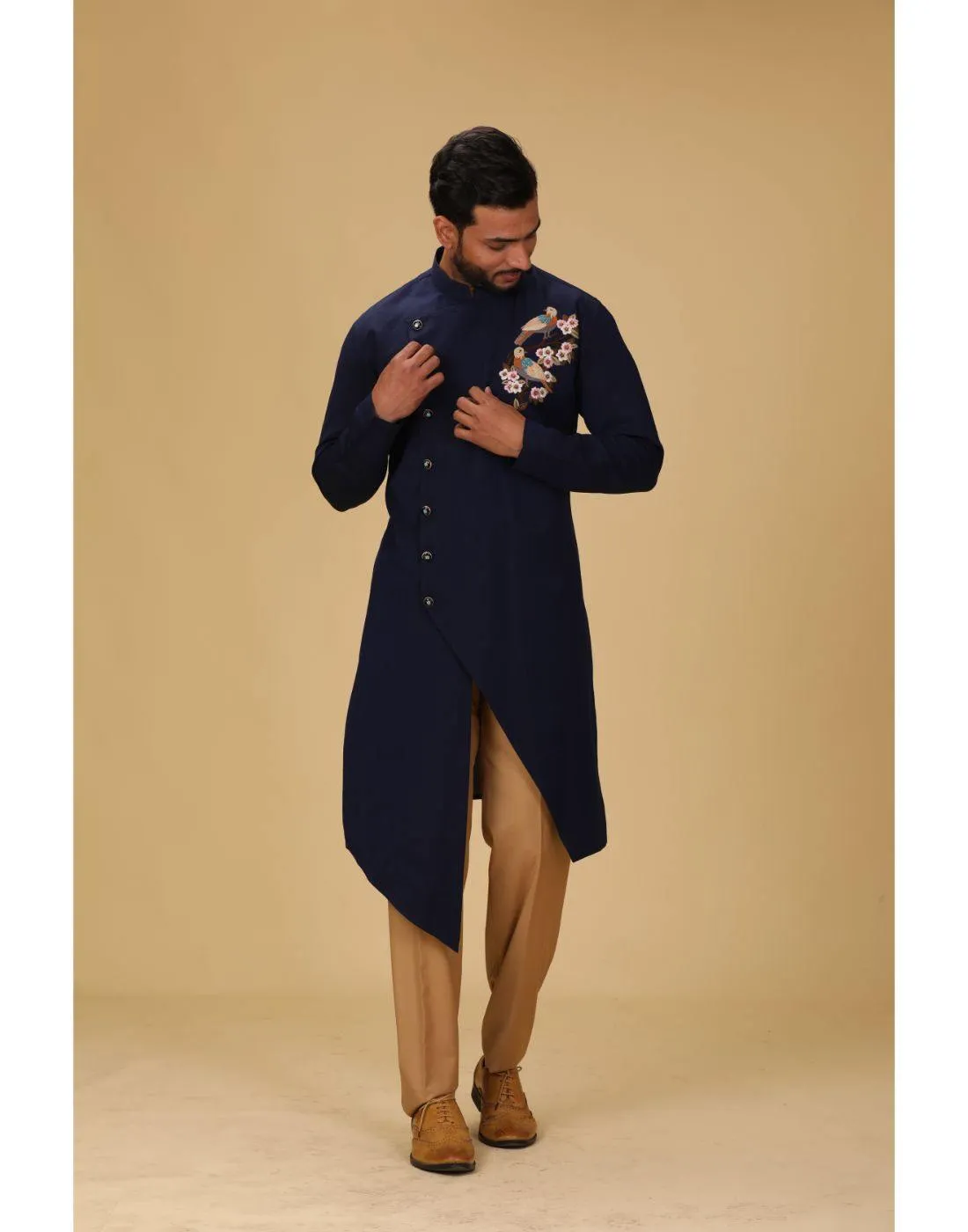 BluesnGreys Navy Blue With Thread Embroidery Asysymetrical Designer Sherwani Pant Set - Rent