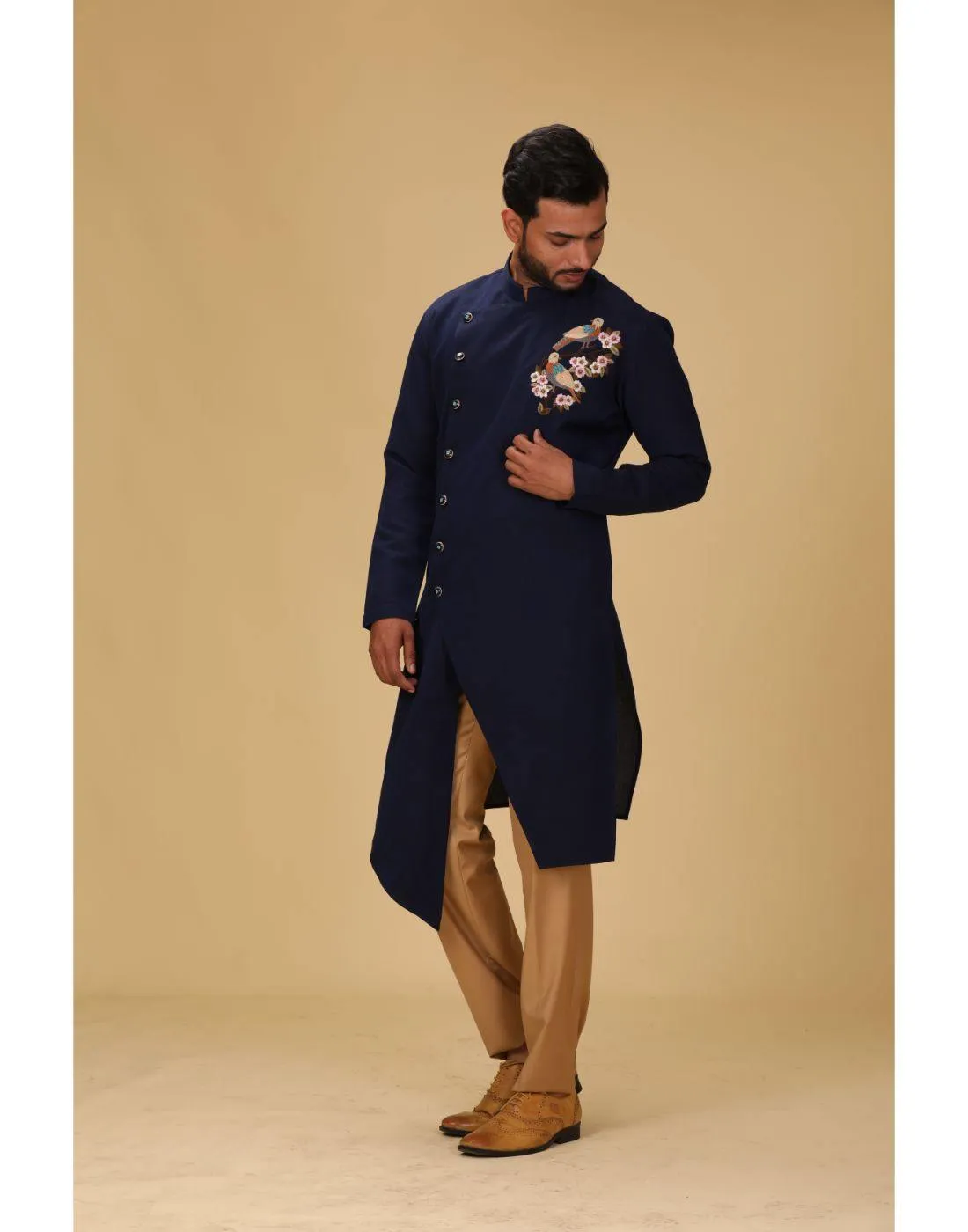 BluesnGreys Navy Blue With Thread Embroidery Asysymetrical Designer Sherwani Pant Set - Rent