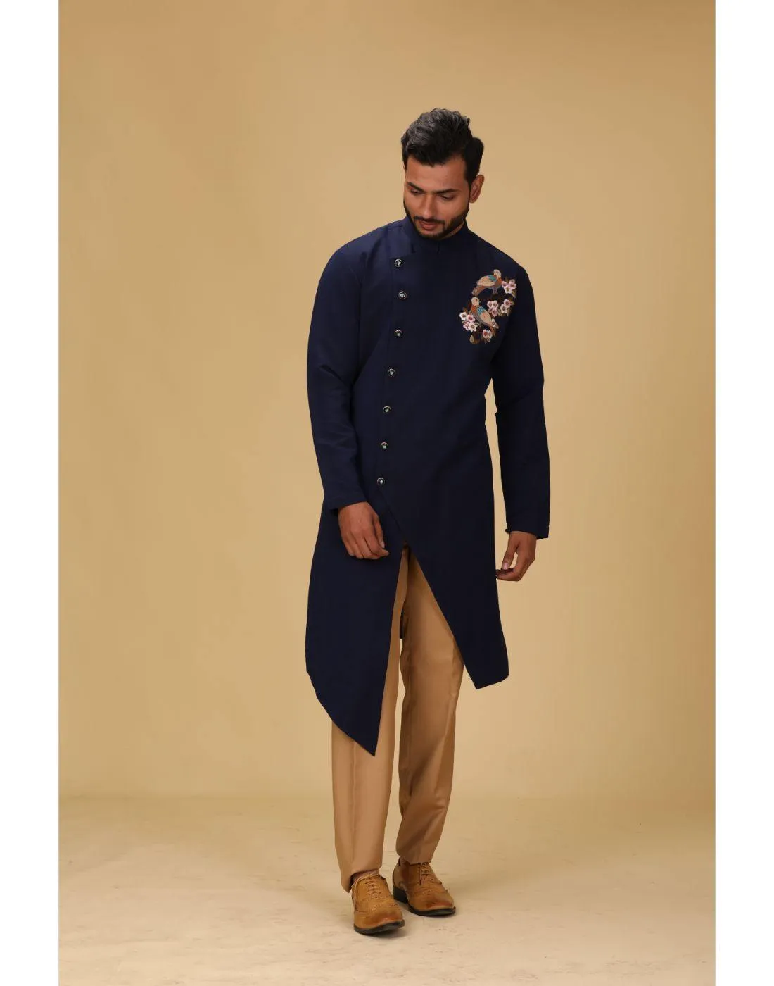 BluesnGreys Navy Blue With Thread Embroidery Asysymetrical Designer Sherwani Pant Set - Rent