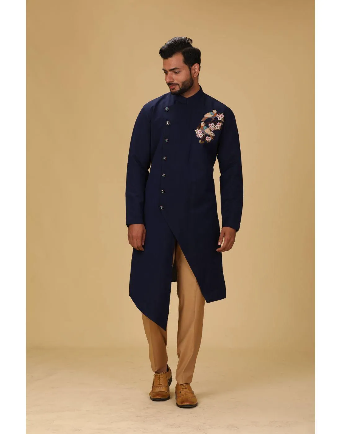 BluesnGreys Navy Blue With Thread Embroidery Asysymetrical Designer Sherwani Pant Set - Rent