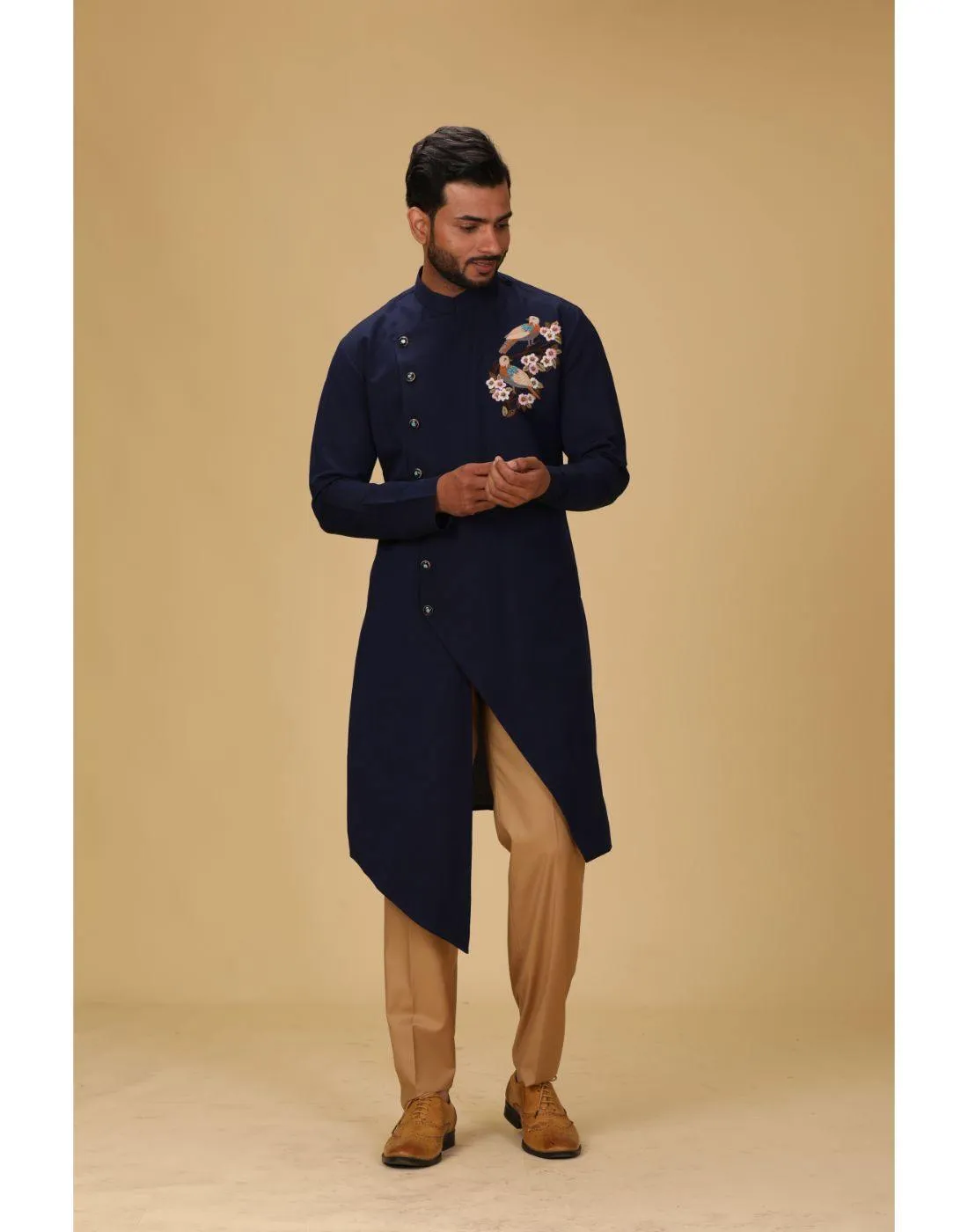 BluesnGreys Navy Blue With Thread Embroidery Asysymetrical Designer Sherwani Pant Set - Rent