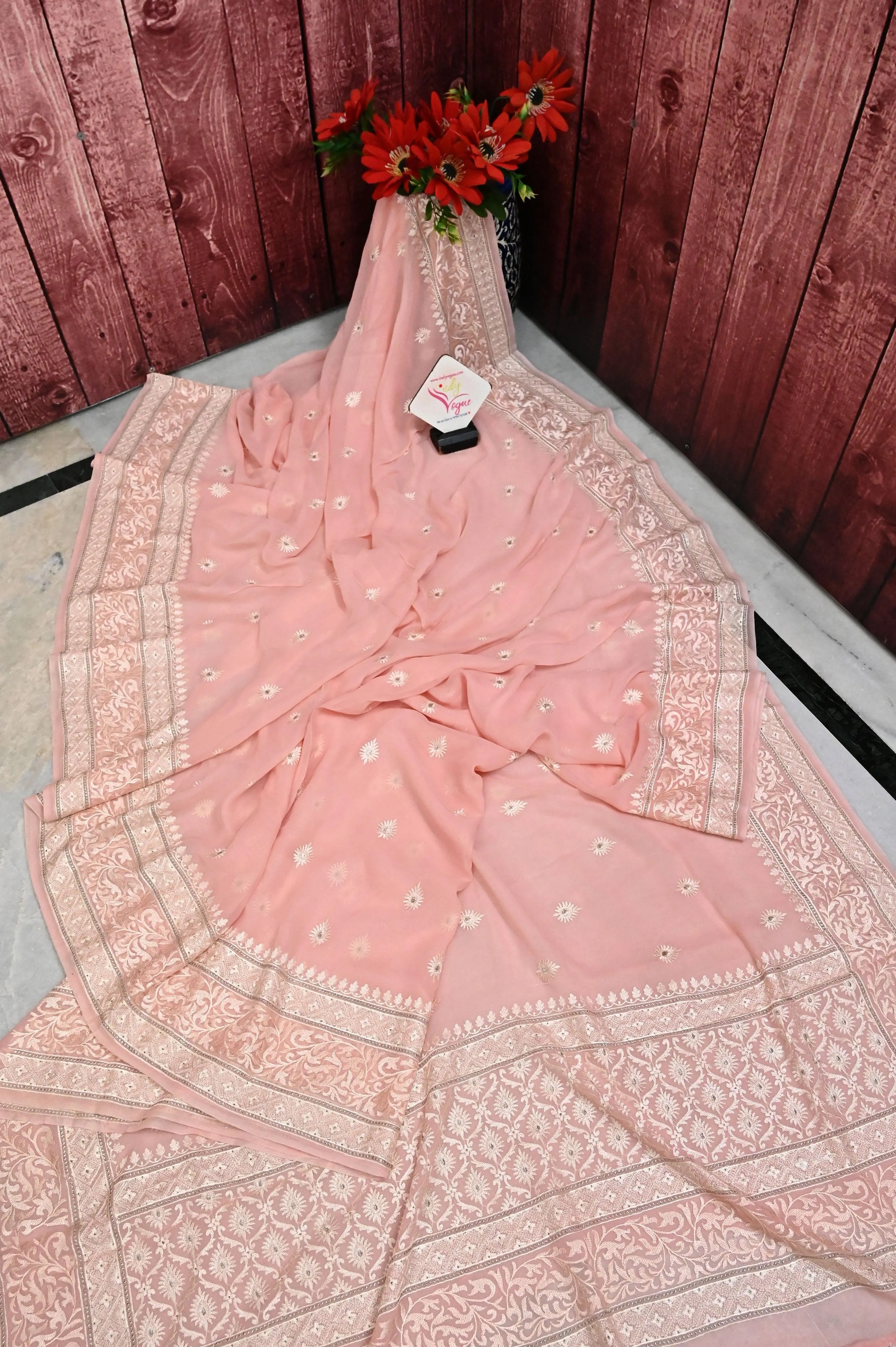 Blush Pink Color Georgette Saree with Embroidery Work