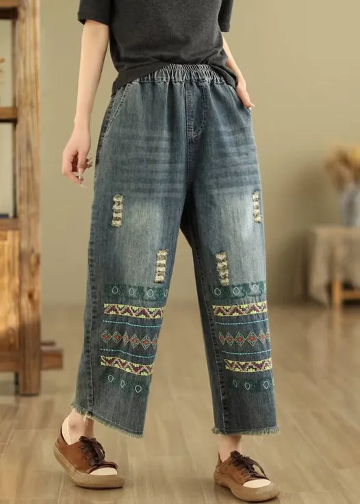 Bohemian Blue Embroidered Pockets Denim Wide Leg Pants Spring QQ1036