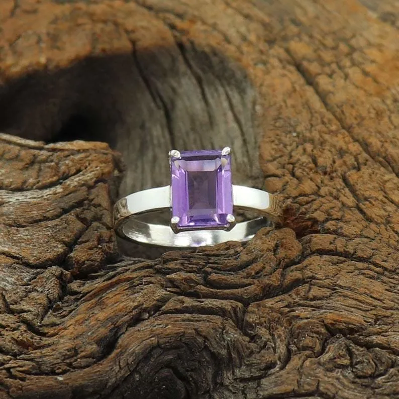 Boho Amethyst Minimalist 925 Sterling Silver Statement Ring, Handcrafted Jewelry, For Her