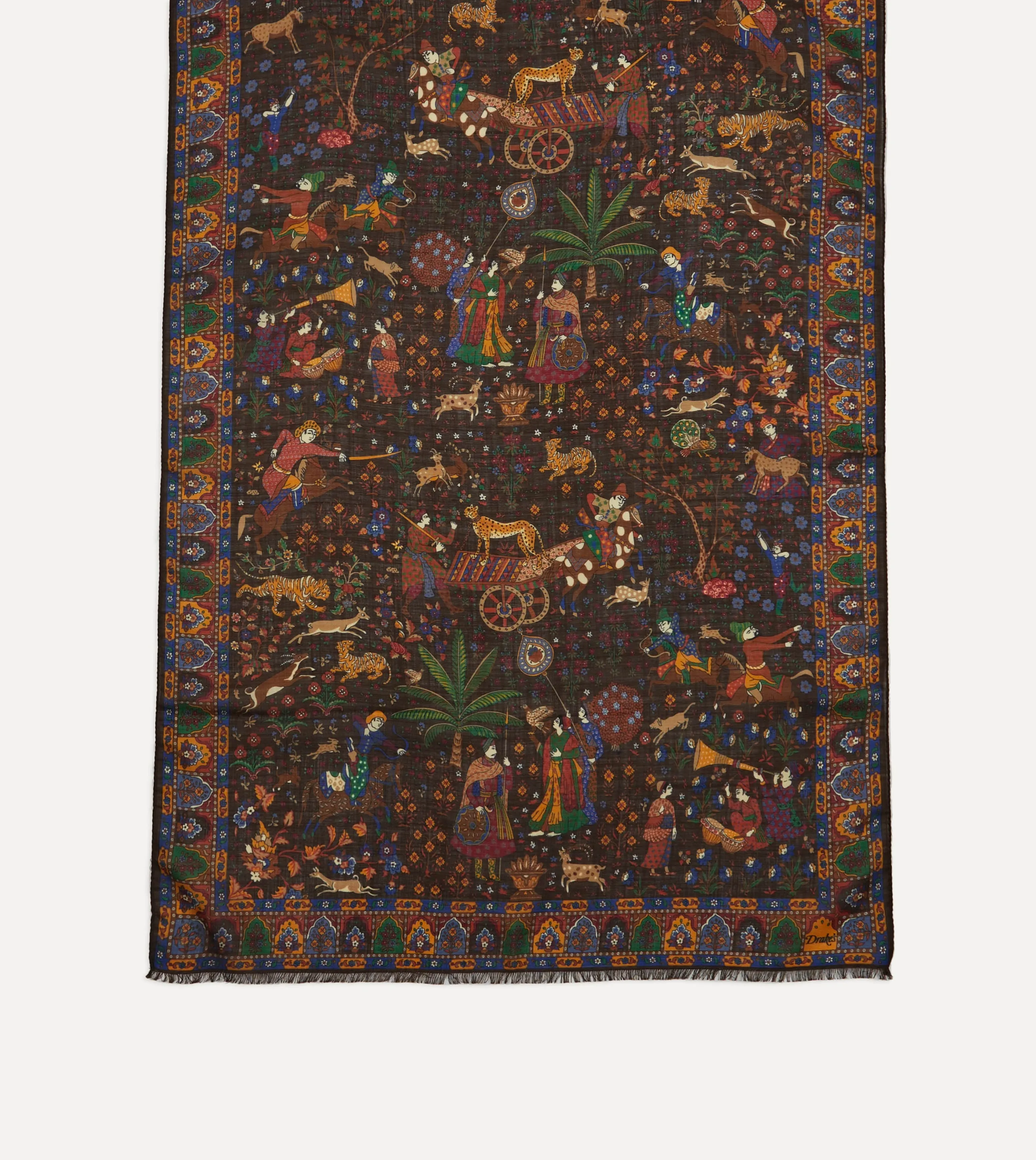 Brown Mughal Hunter Print Wool-Silk Scarf