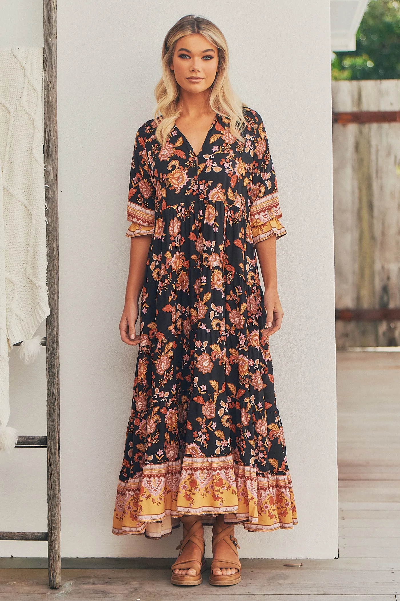 Carmella Maxi Dress - Black/Orange/Pink