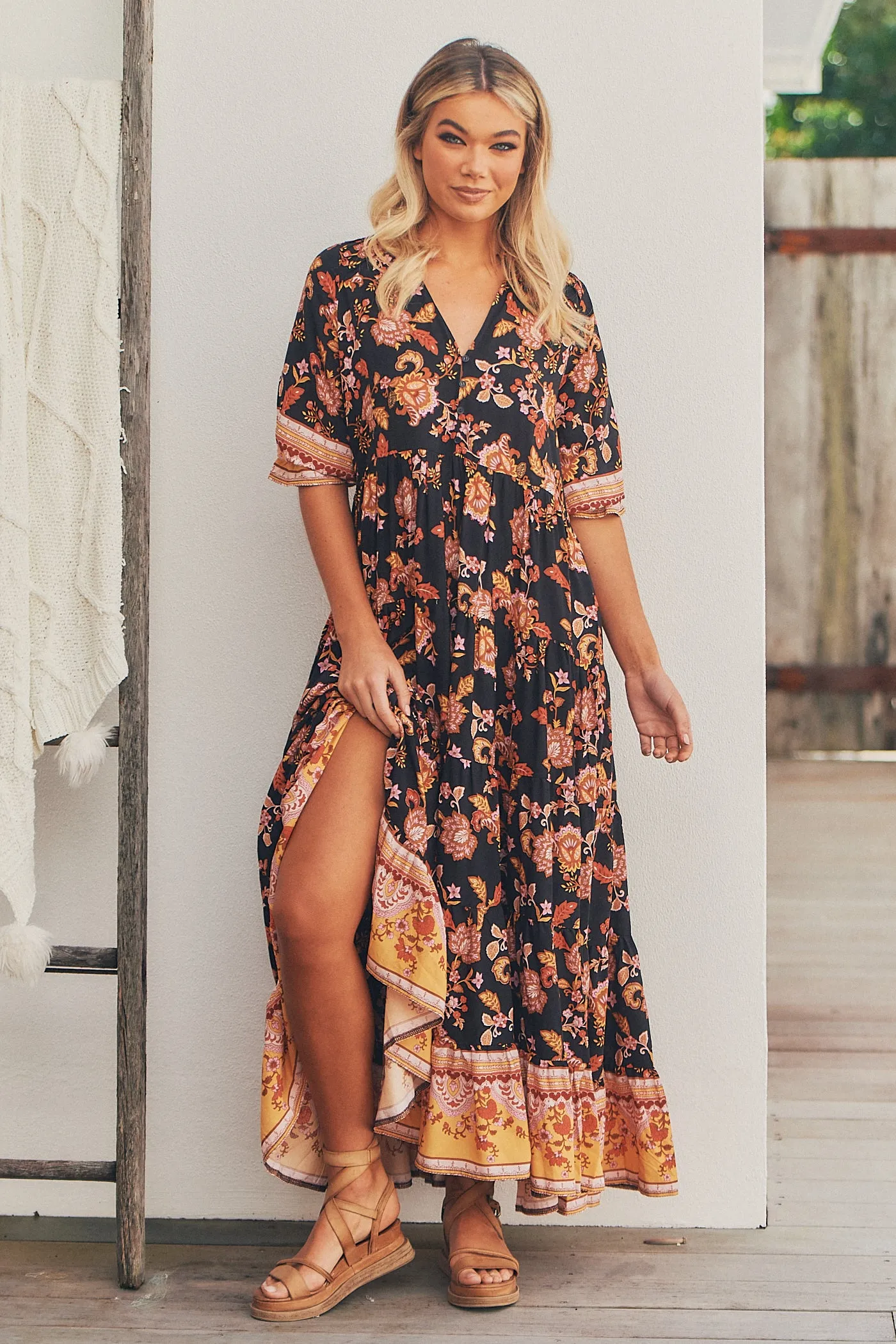 Carmella Maxi Dress - Black/Orange/Pink