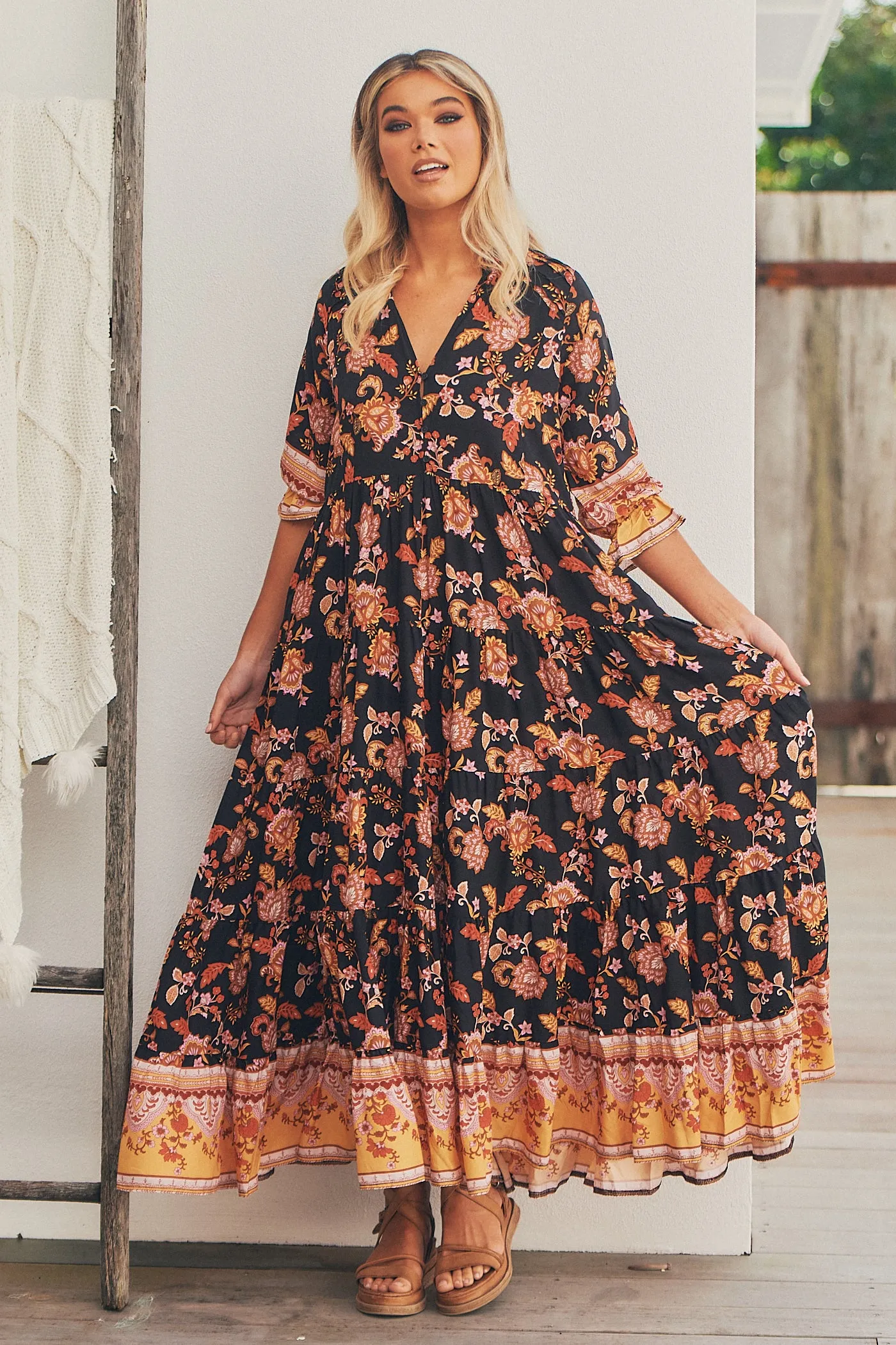 Carmella Maxi Dress - Black/Orange/Pink