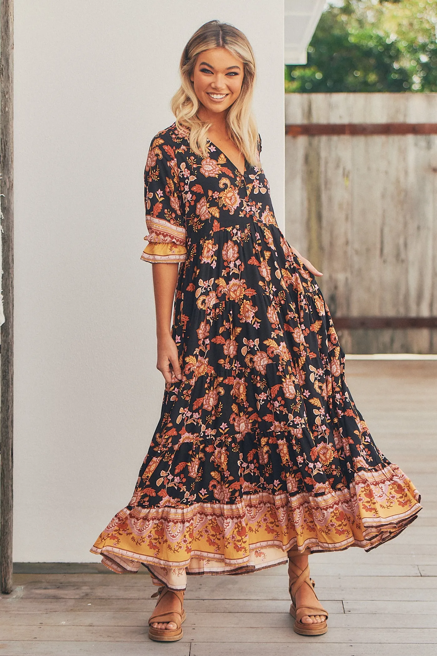 Carmella Maxi Dress - Black/Orange/Pink