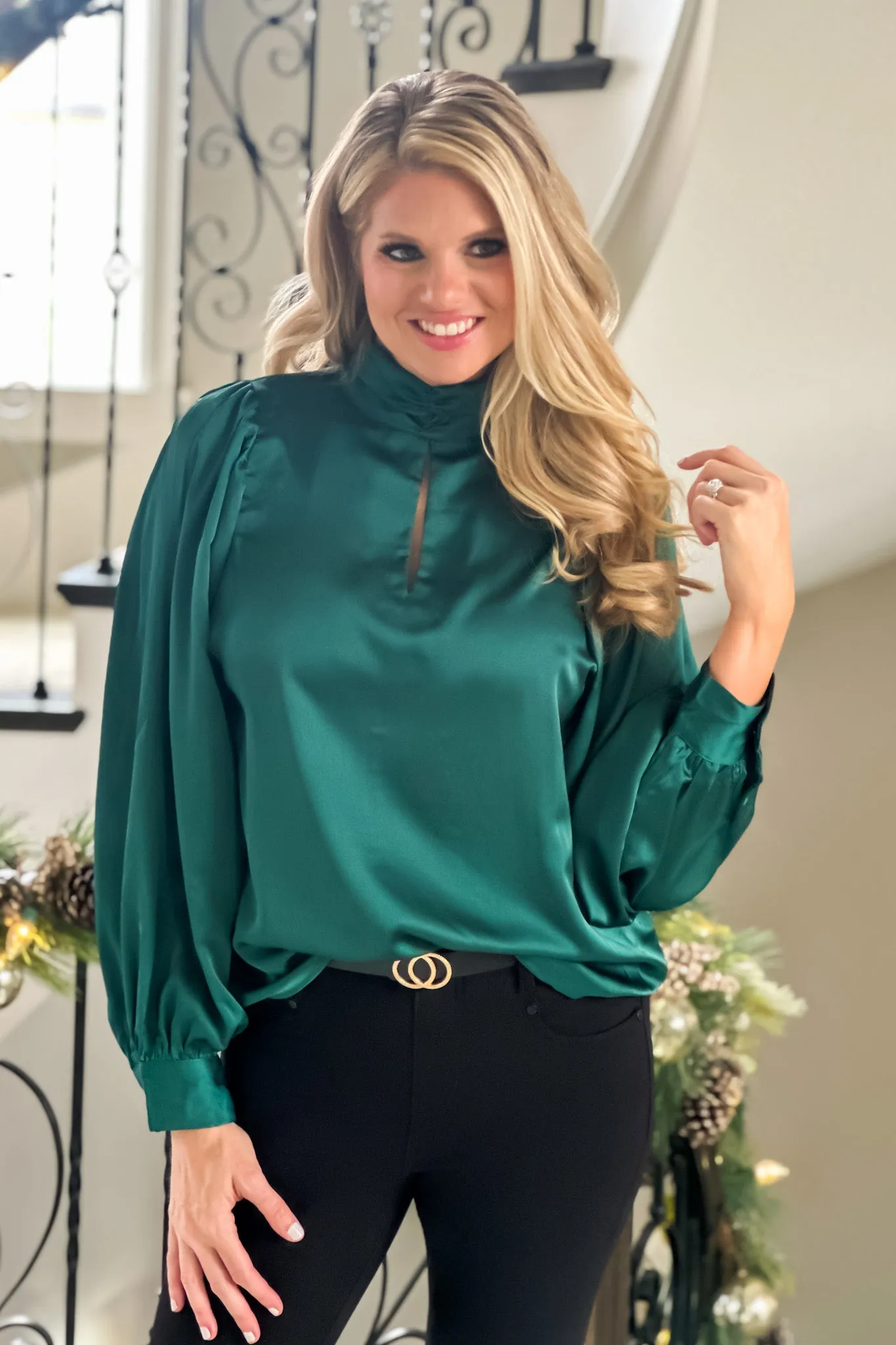 Celebrate And Sip High Neck Balloon Sleeve Blouse : Hunter Green