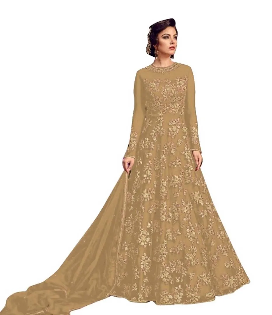 Chiku Color Net Embroidered  Anarkali Semi- Stitched Gown