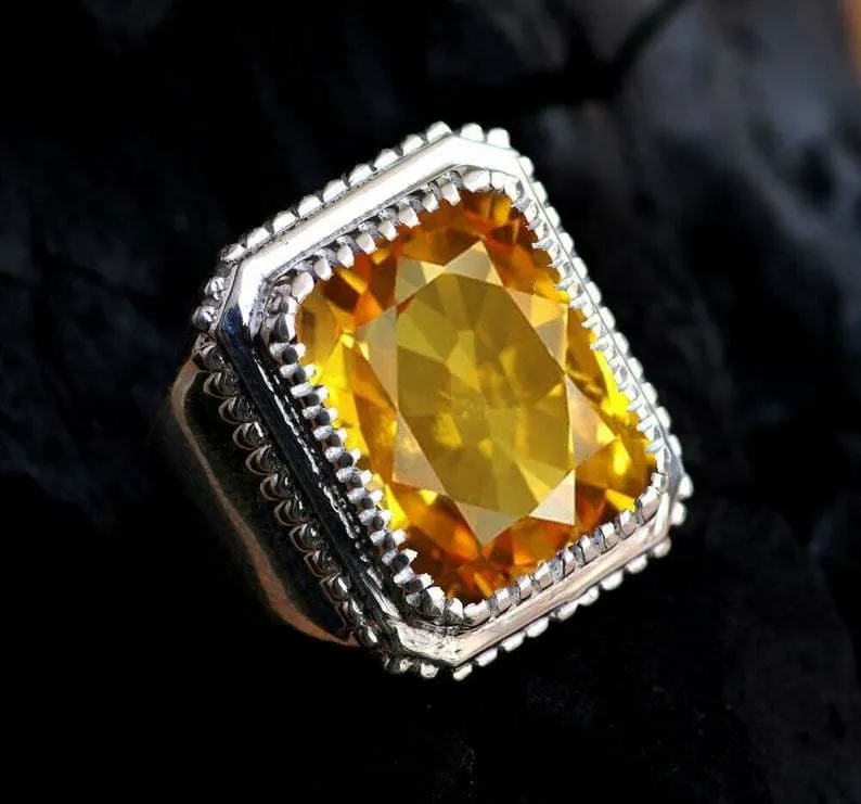 Citrine Ottoman Men's 925 Sterling Silver Ring, Turkish Handcrafted Jewelry, Gift for Him