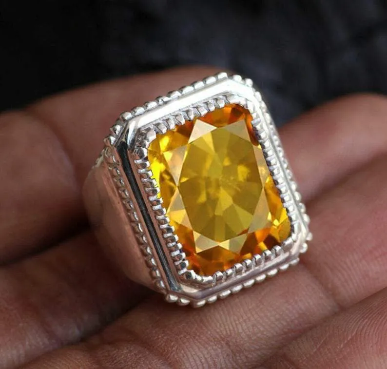 Citrine Ottoman Men's 925 Sterling Silver Ring, Turkish Handcrafted Jewelry, Gift for Him