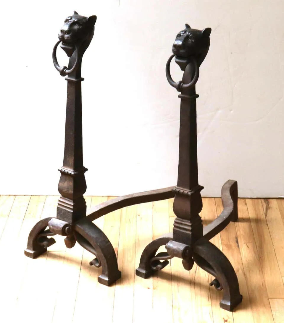 Continental Baroque Wrought Iron Lion Head Andirons