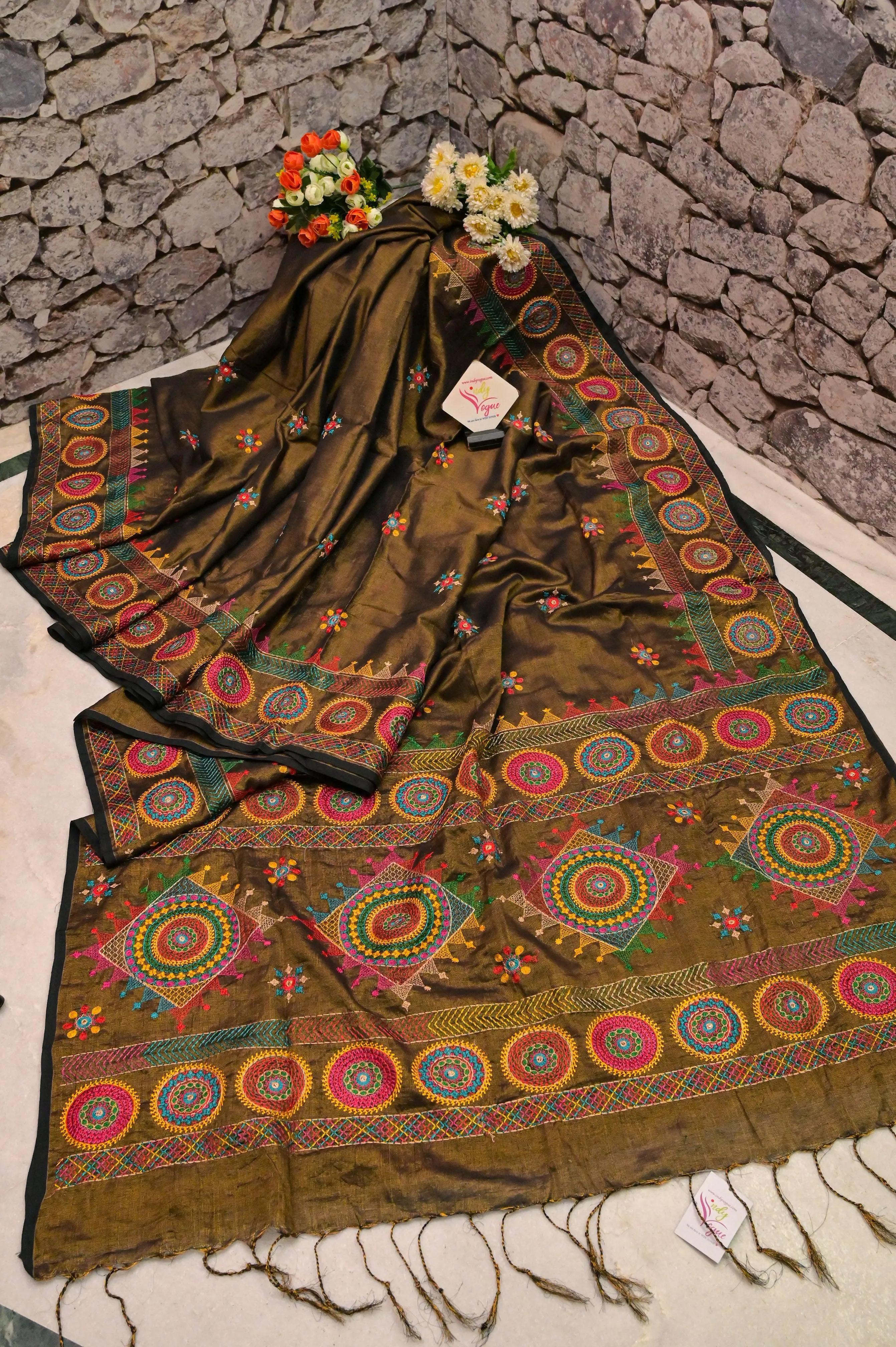 Copper Golden and Black Color Cotton Tissue Saree with Lambani Embroidery