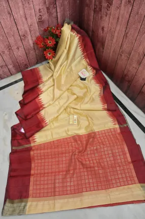 Cream and Red Color Pure Raw Silk Saree with Temple Border