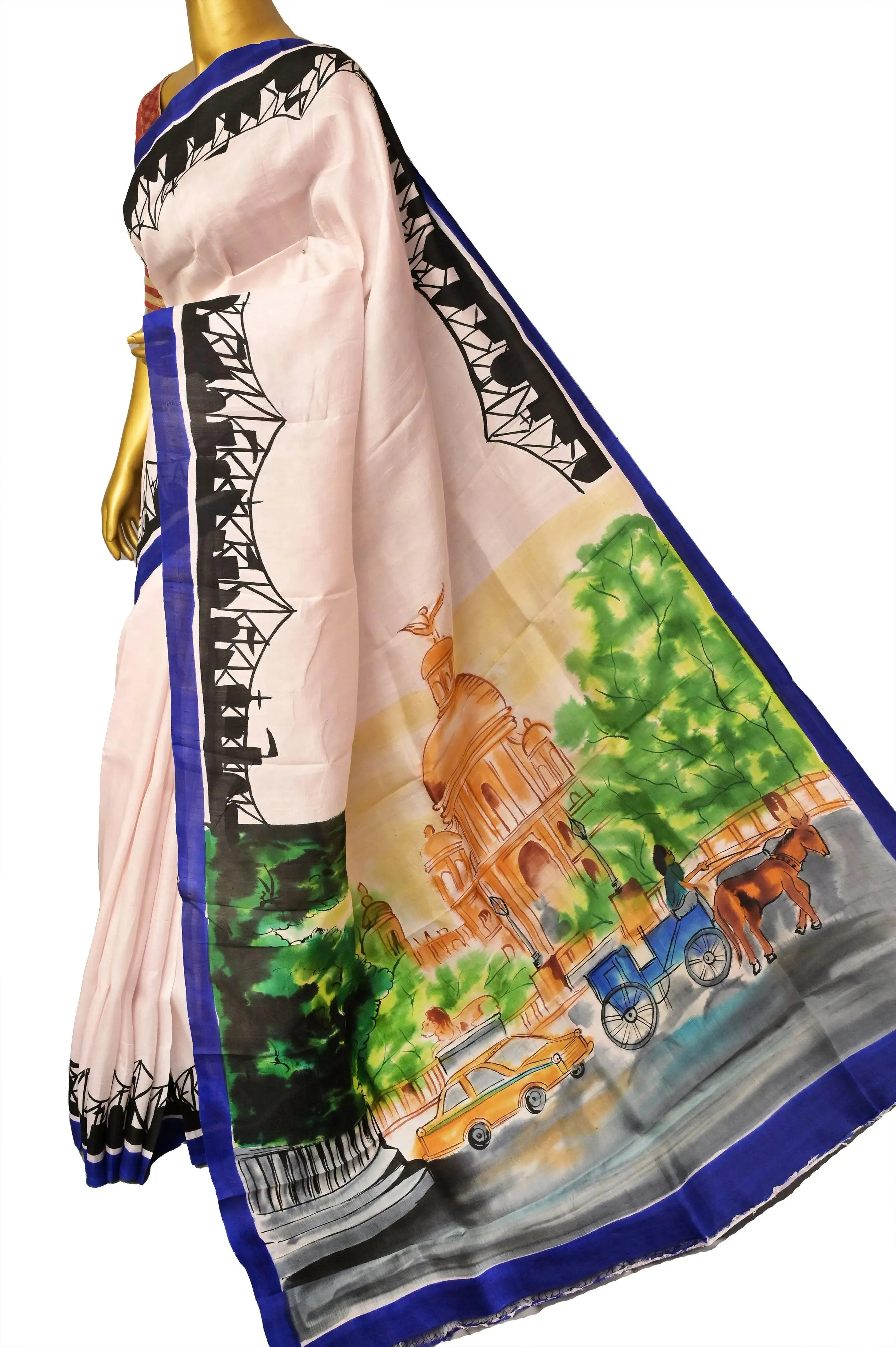 Cream Color Bishnupur Katan Silk Saree with Hand Painted Kolkata Theme