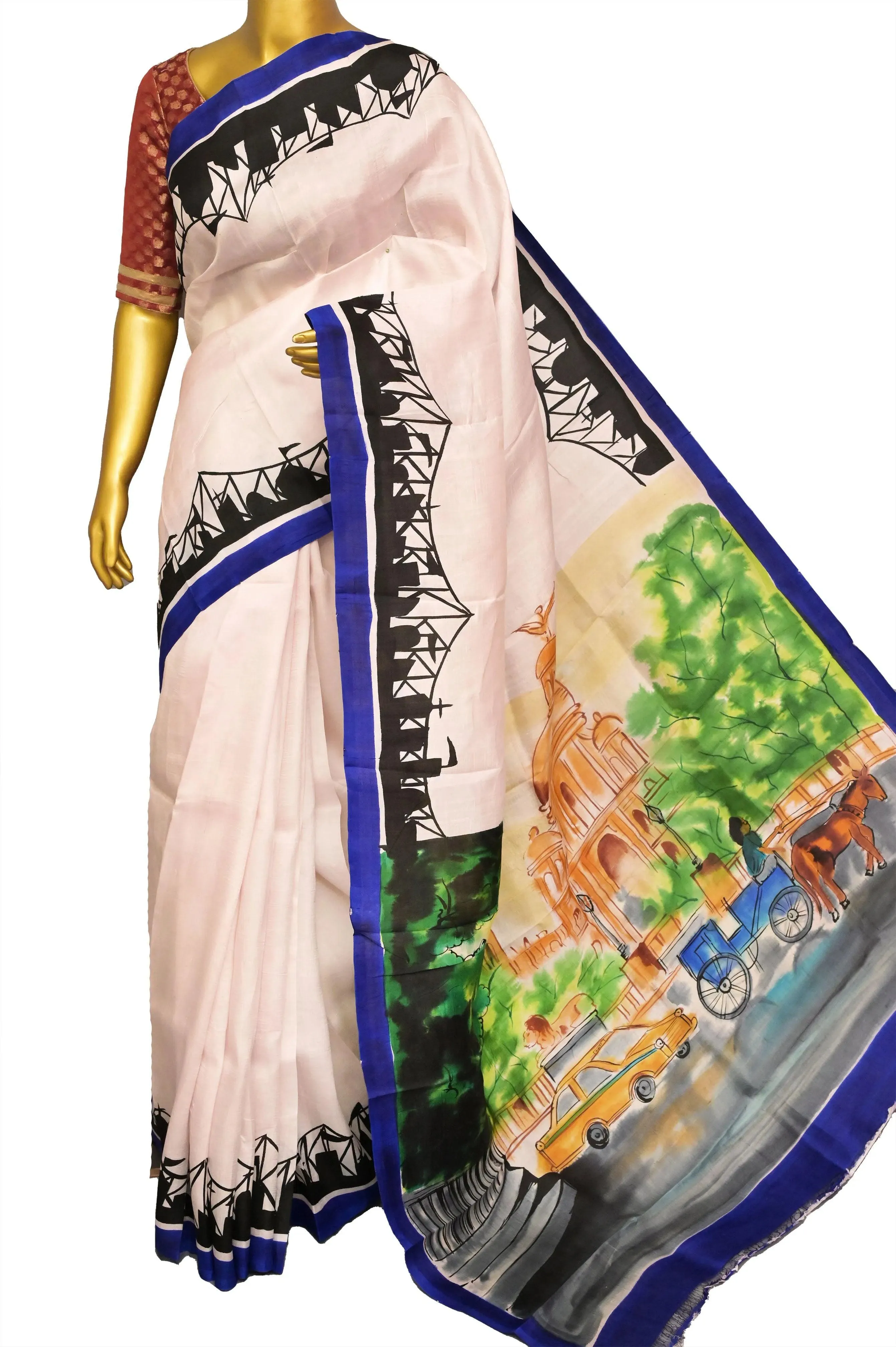 Cream Color Bishnupur Katan Silk Saree with Hand Painted Kolkata Theme