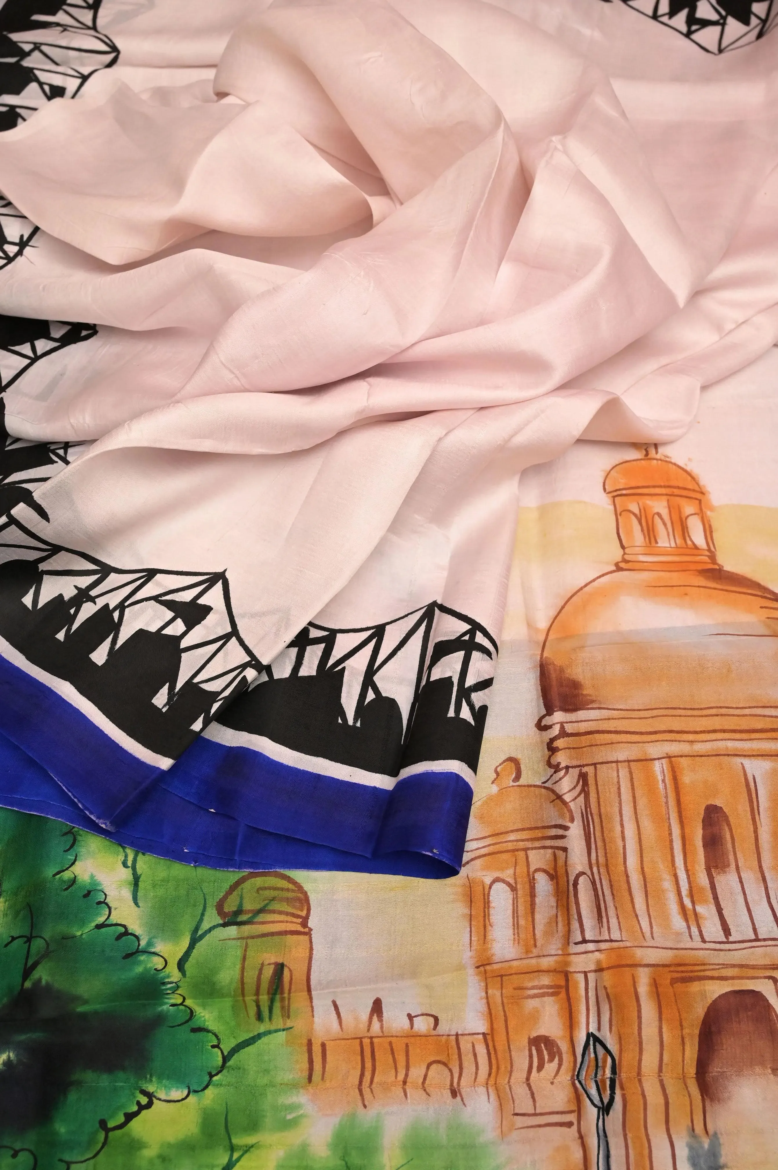 Cream Color Bishnupur Katan Silk Saree with Hand Painted Kolkata Theme