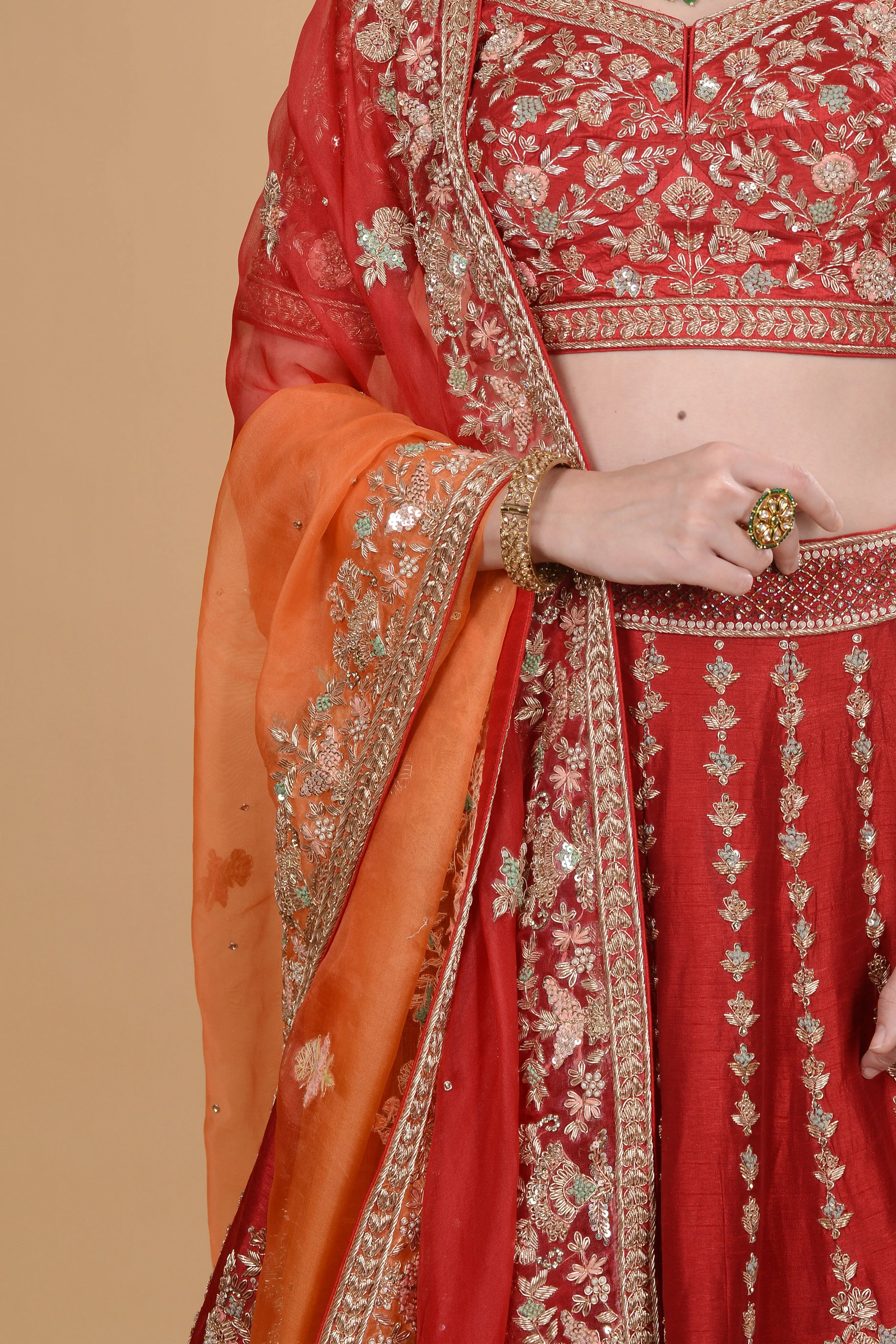 Crimson Red Lehenga with Ombre Duputta Set.