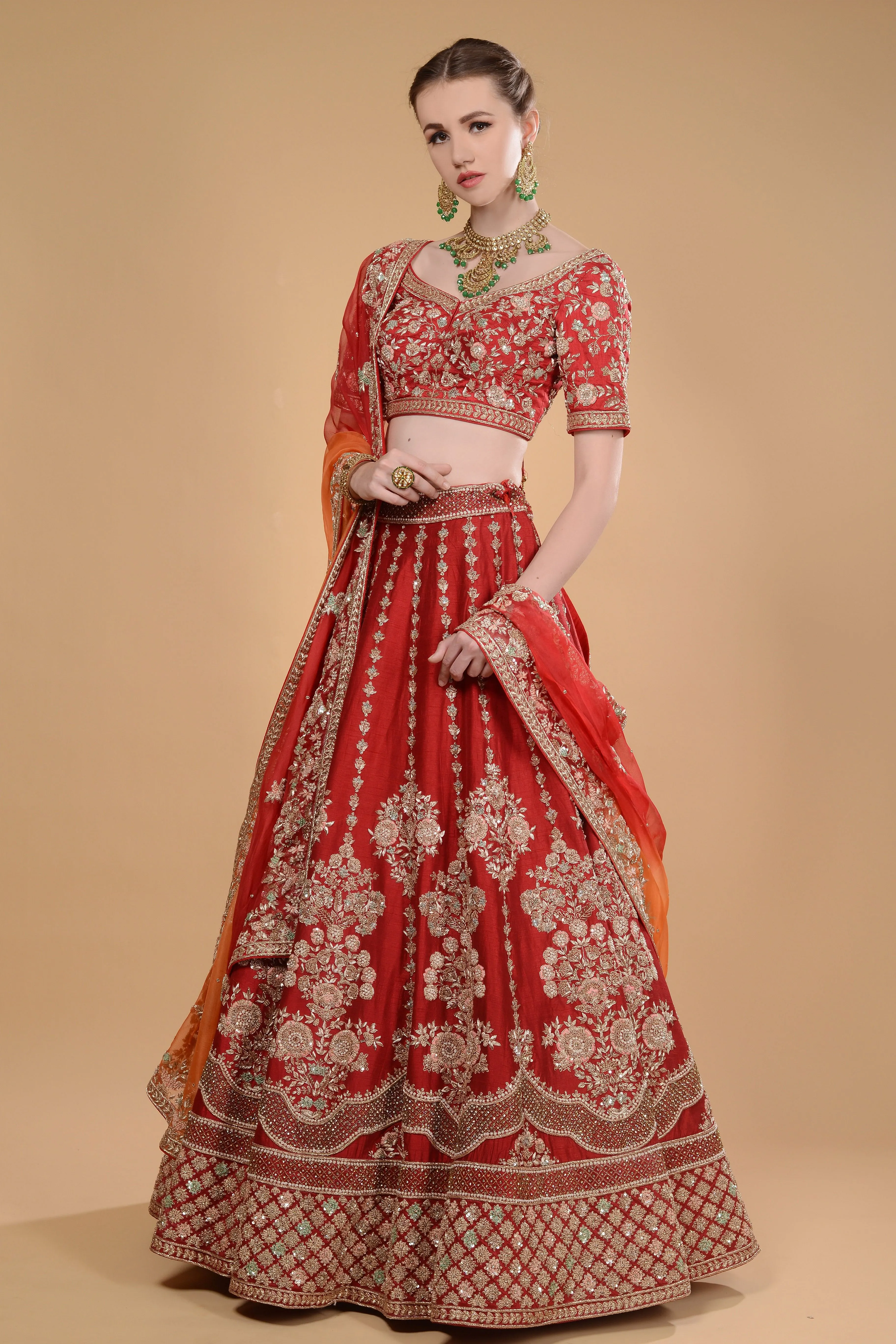 Crimson Red Lehenga with Ombre Duputta Set.