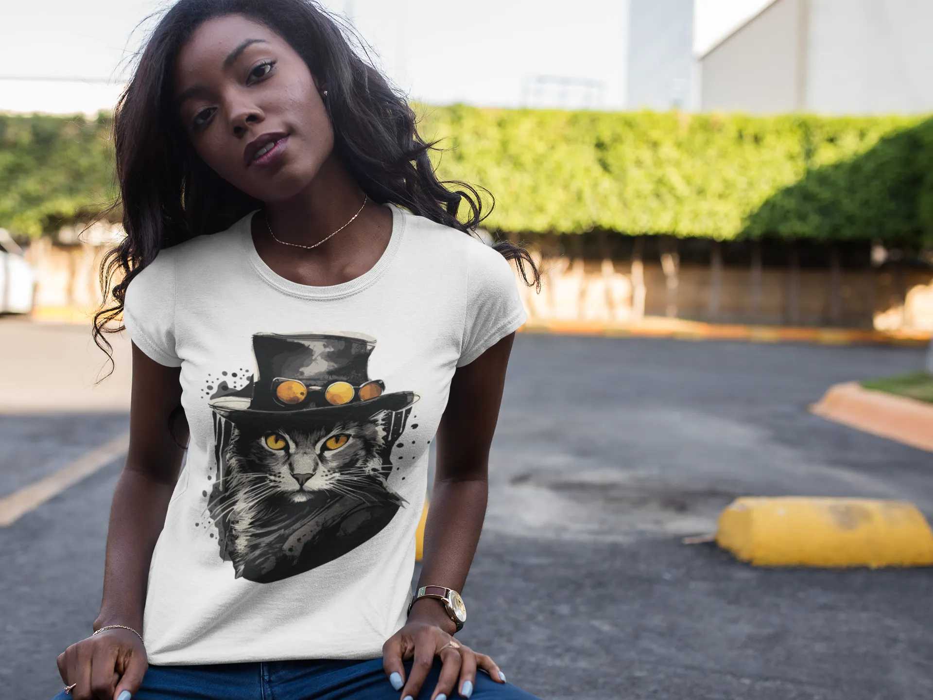 Damen T-Shirt mit Katzenmotiv "Bayou Cat"