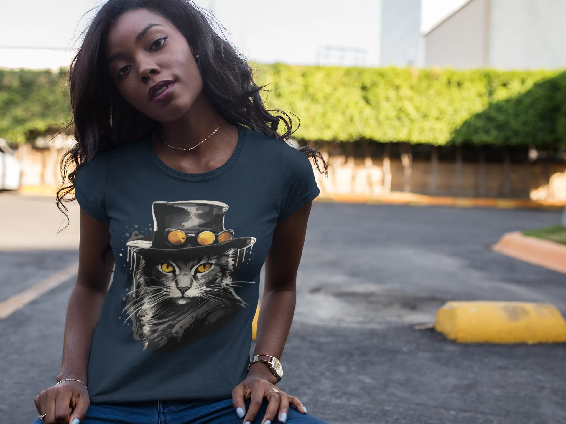 Damen T-Shirt mit Katzenmotiv "Bayou Cat"