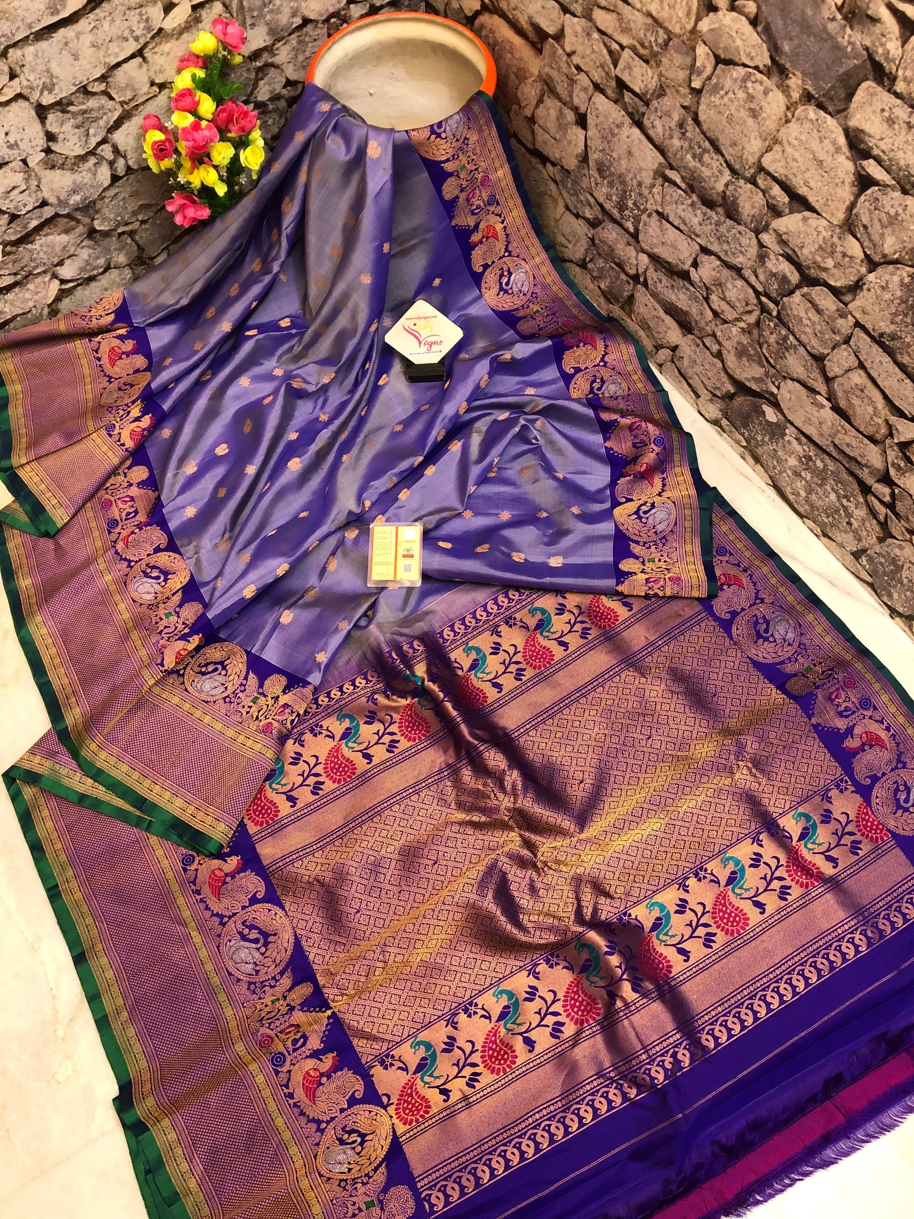 Dark Lavender Color Pure Gadwal Silk Saree with Meenakari Kanchi Work