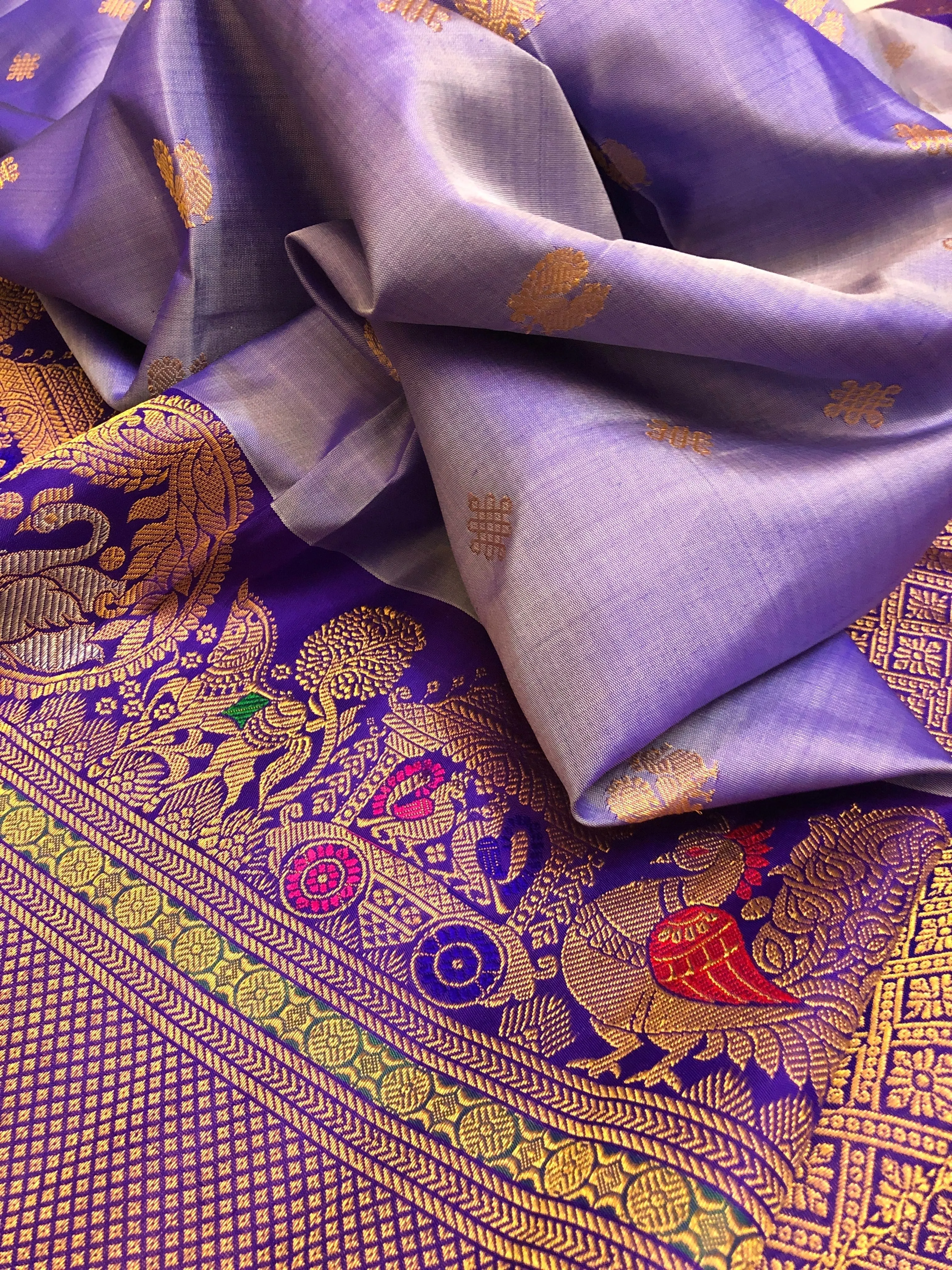 Dark Lavender Color Pure Gadwal Silk Saree with Meenakari Kanchi Work