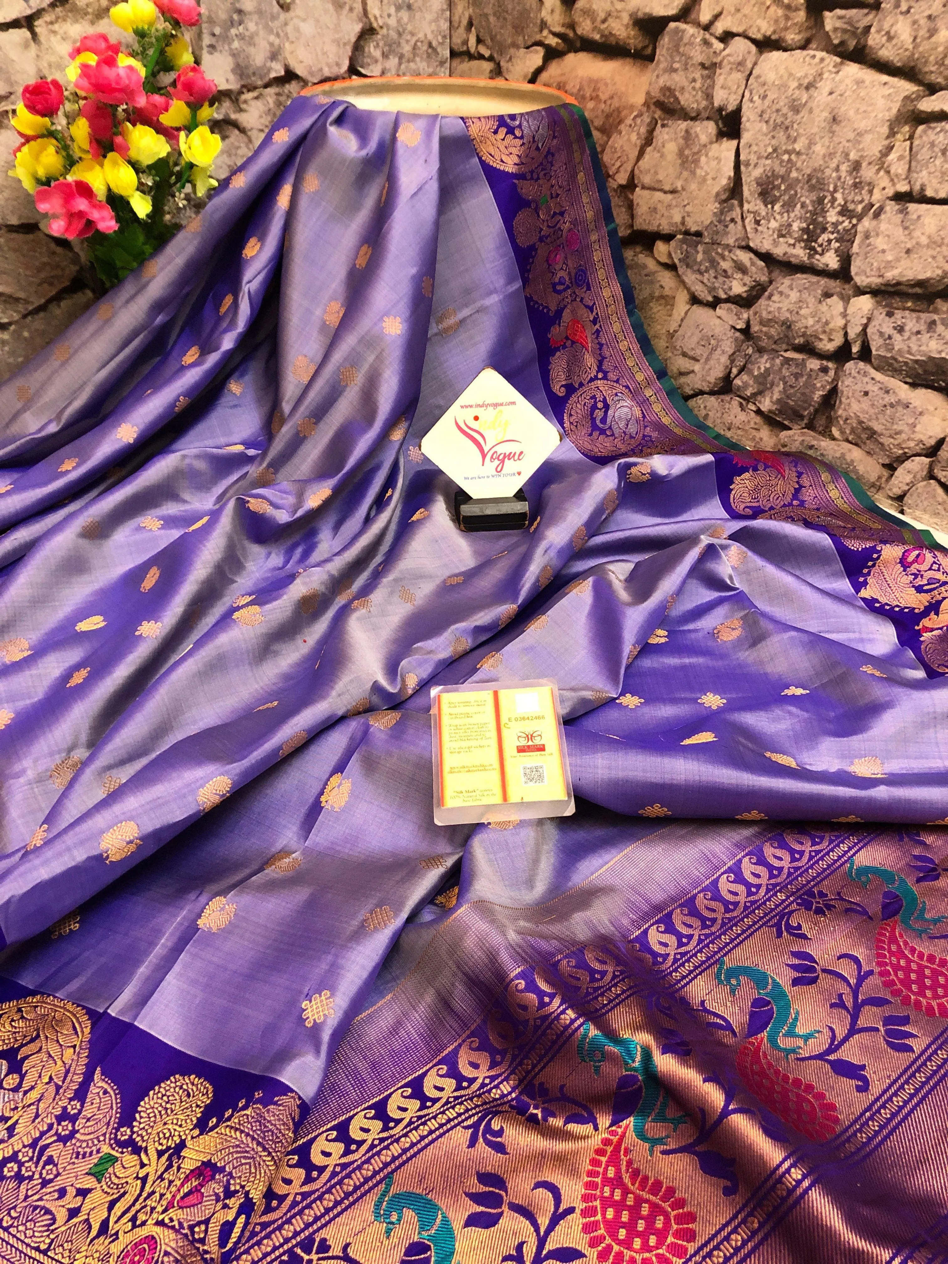 Dark Lavender Color Pure Gadwal Silk Saree with Meenakari Kanchi Work