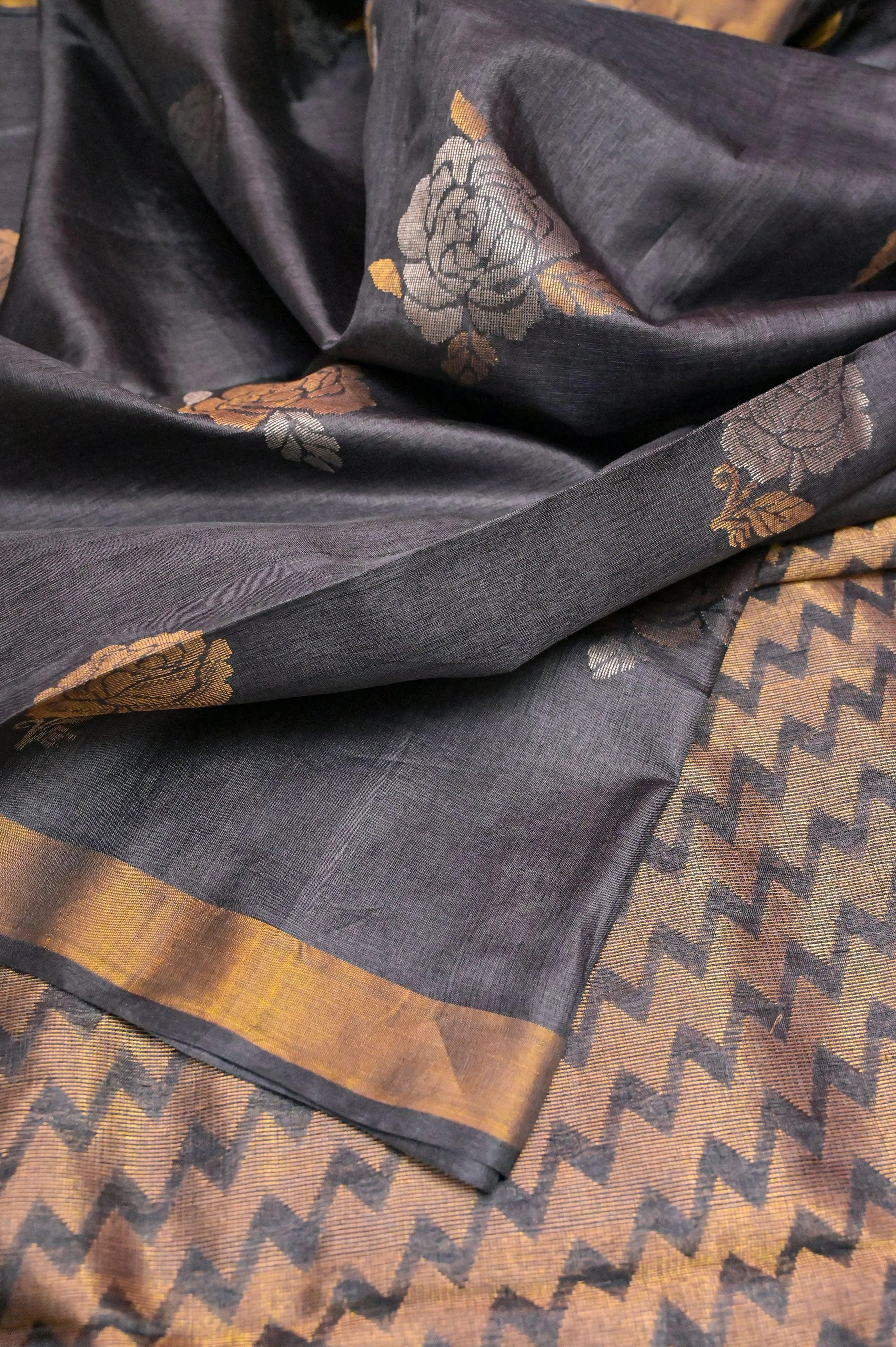 Deep Gray Color Pure Tussar Silk Saree with Meenakari Rose Zari Motif