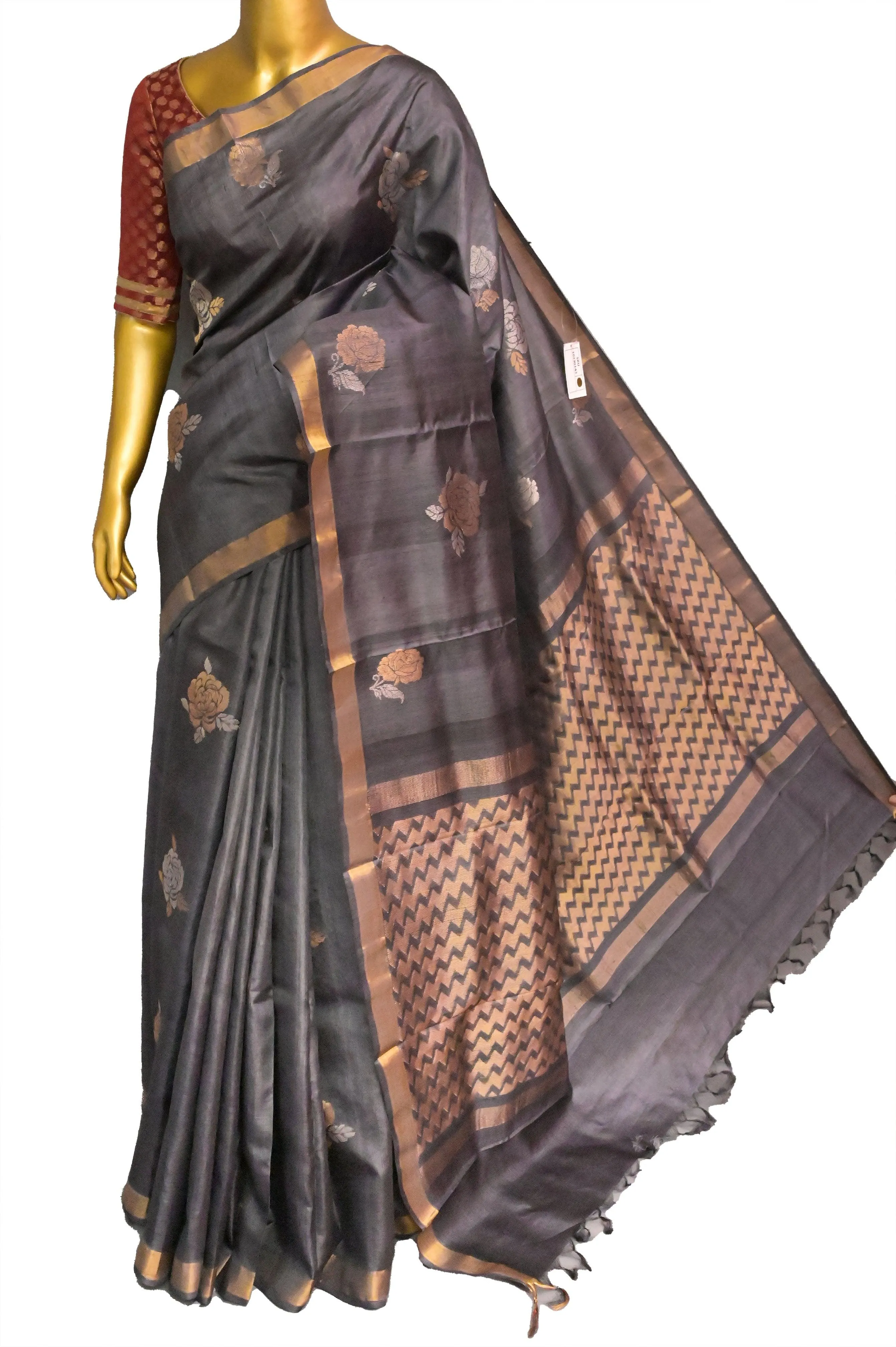 Deep Gray Color Pure Tussar Silk Saree with Meenakari Rose Zari Motif