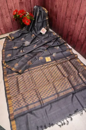 Deep Gray Color Pure Tussar Silk Saree with Meenakari Rose Zari Motif