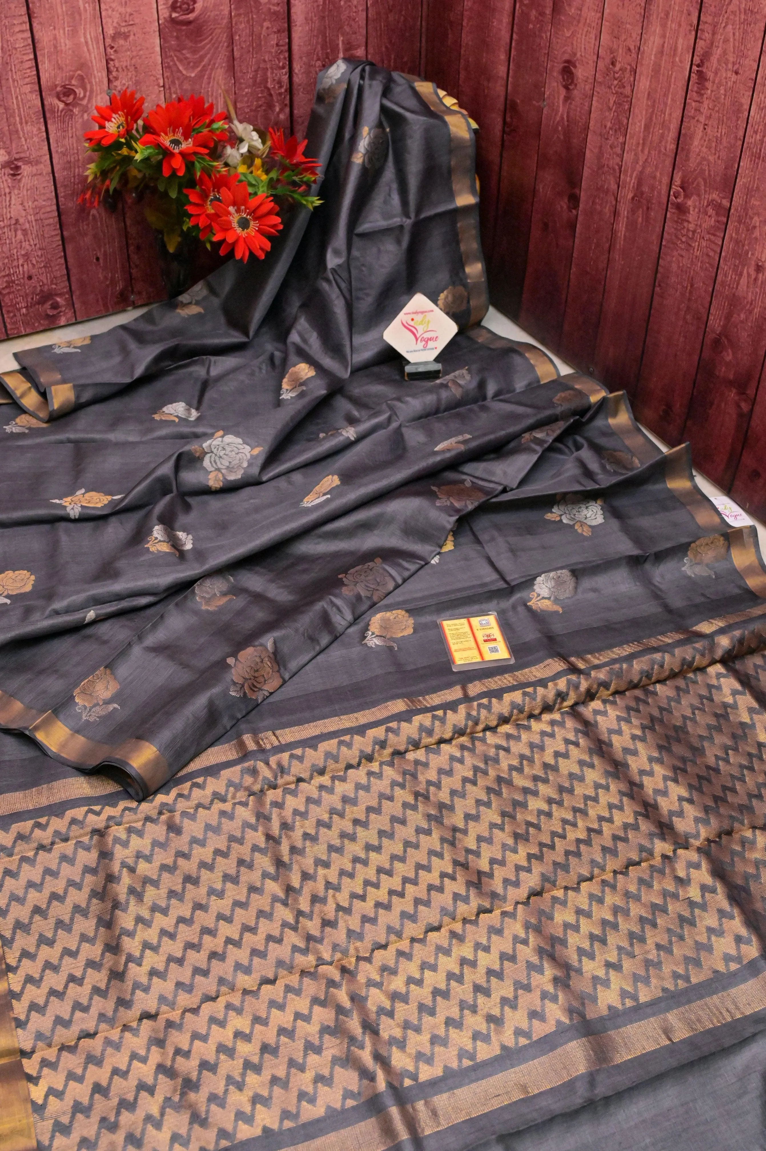 Deep Gray Color Pure Tussar Silk Saree with Meenakari Rose Zari Motif