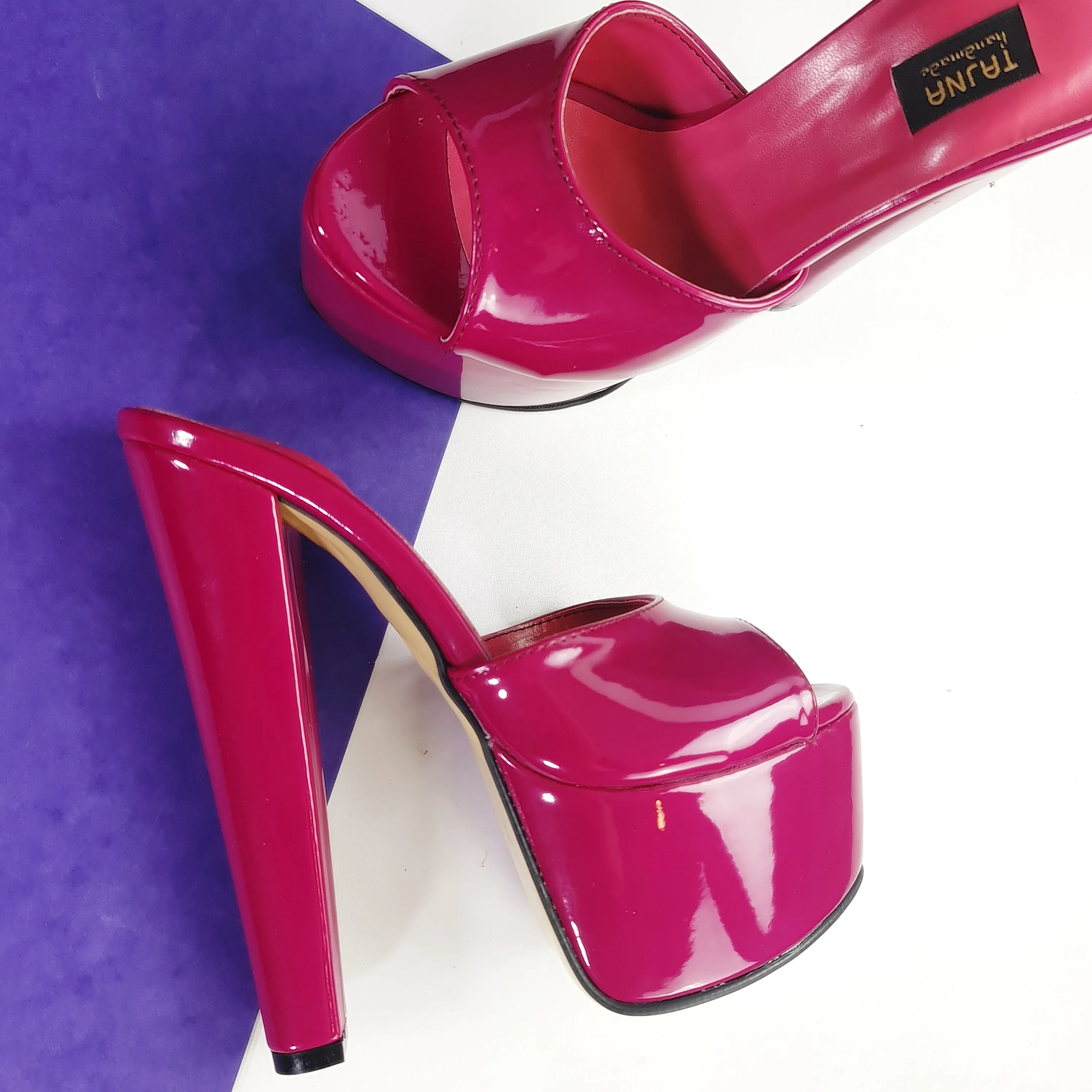 Deep Pink Gloss Chunky High Heel Mules