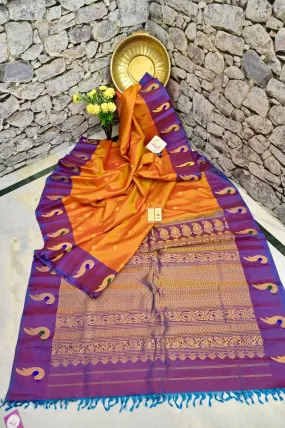 Dual Tone Orange and Yellow Color Gadwal Silk Saree in Paithani Style