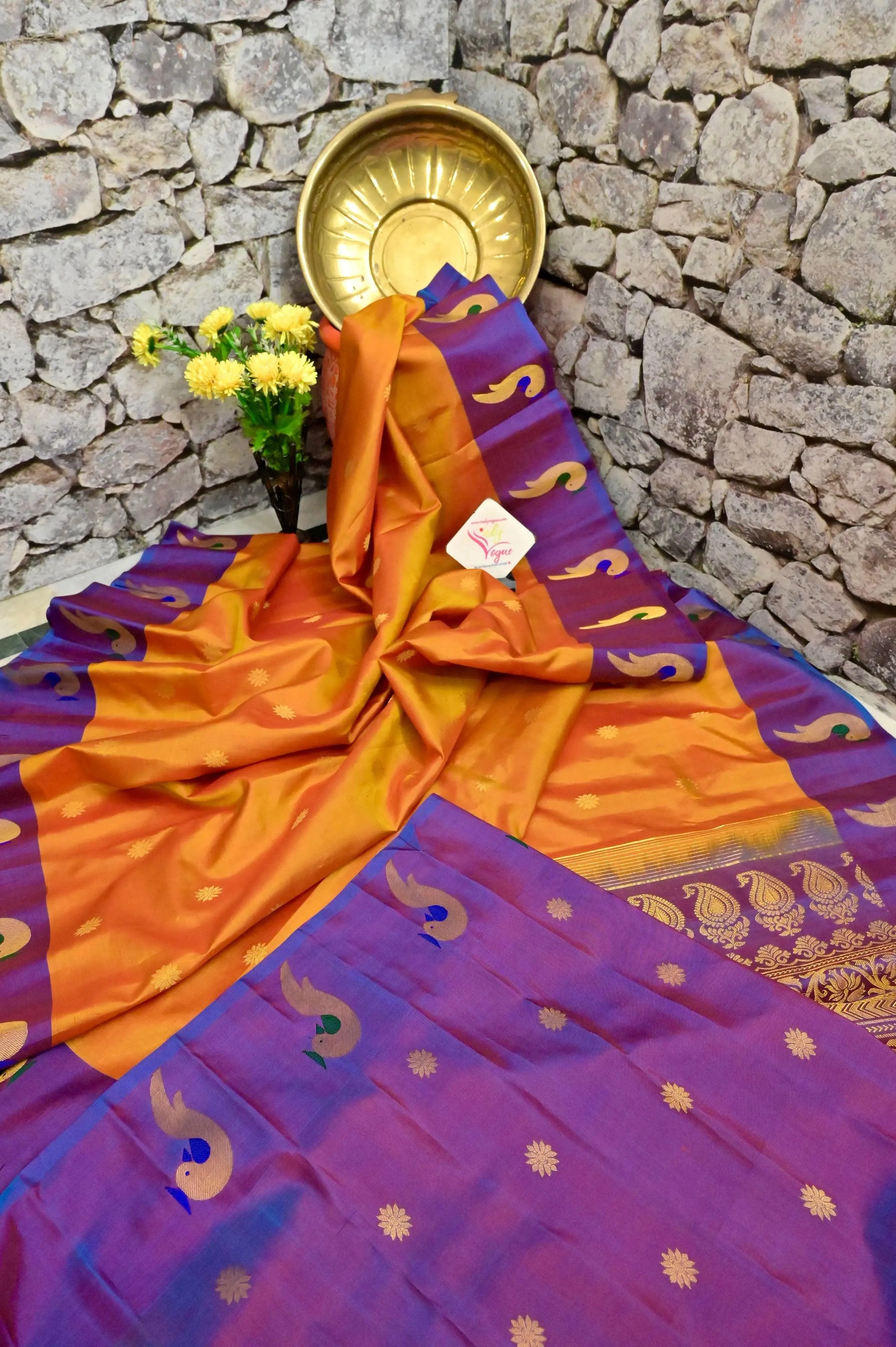 Dual Tone Orange and Yellow Color Gadwal Silk Saree in Paithani Style