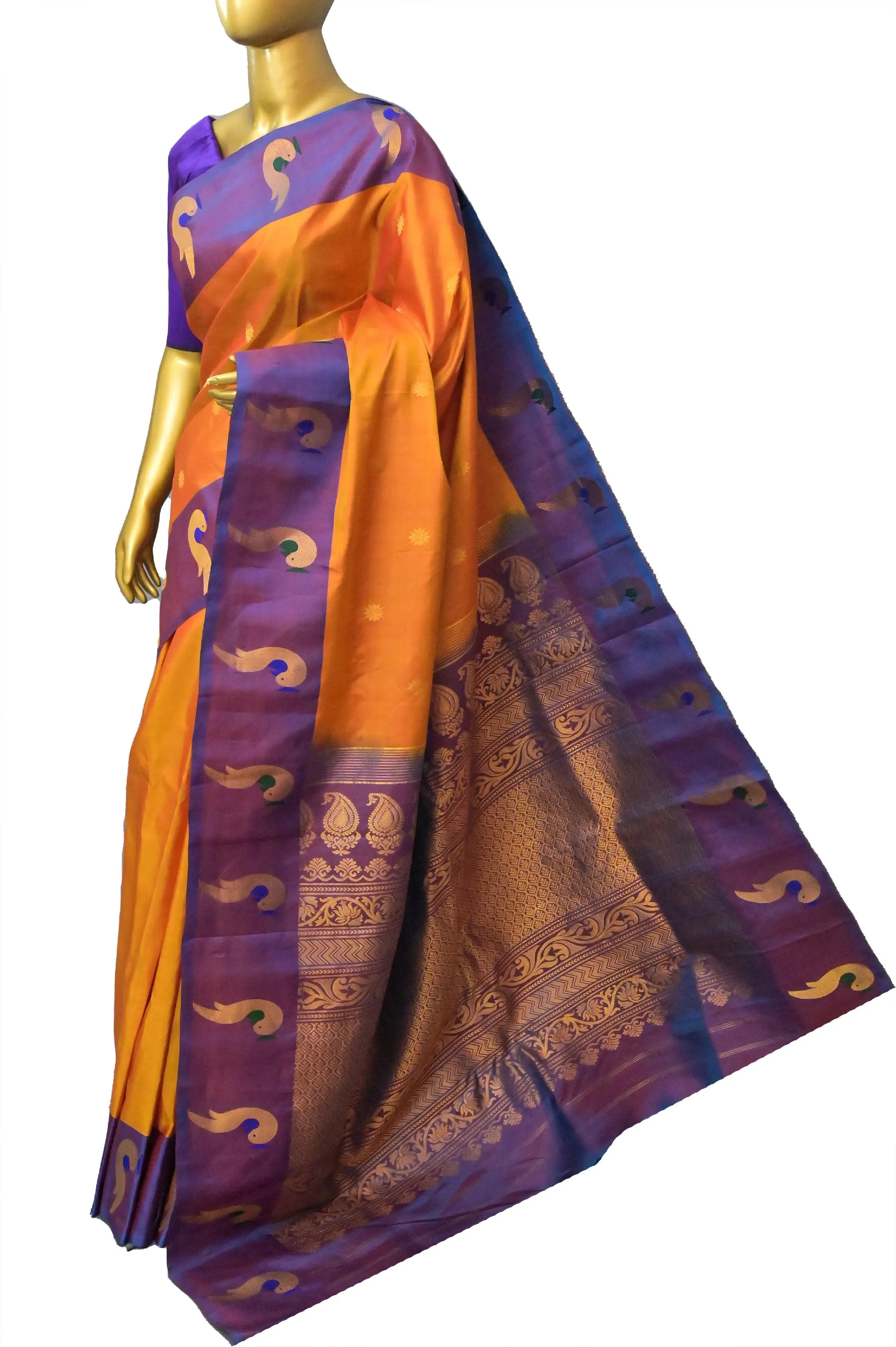 Dual Tone Orange and Yellow Color Gadwal Silk Saree in Paithani Style