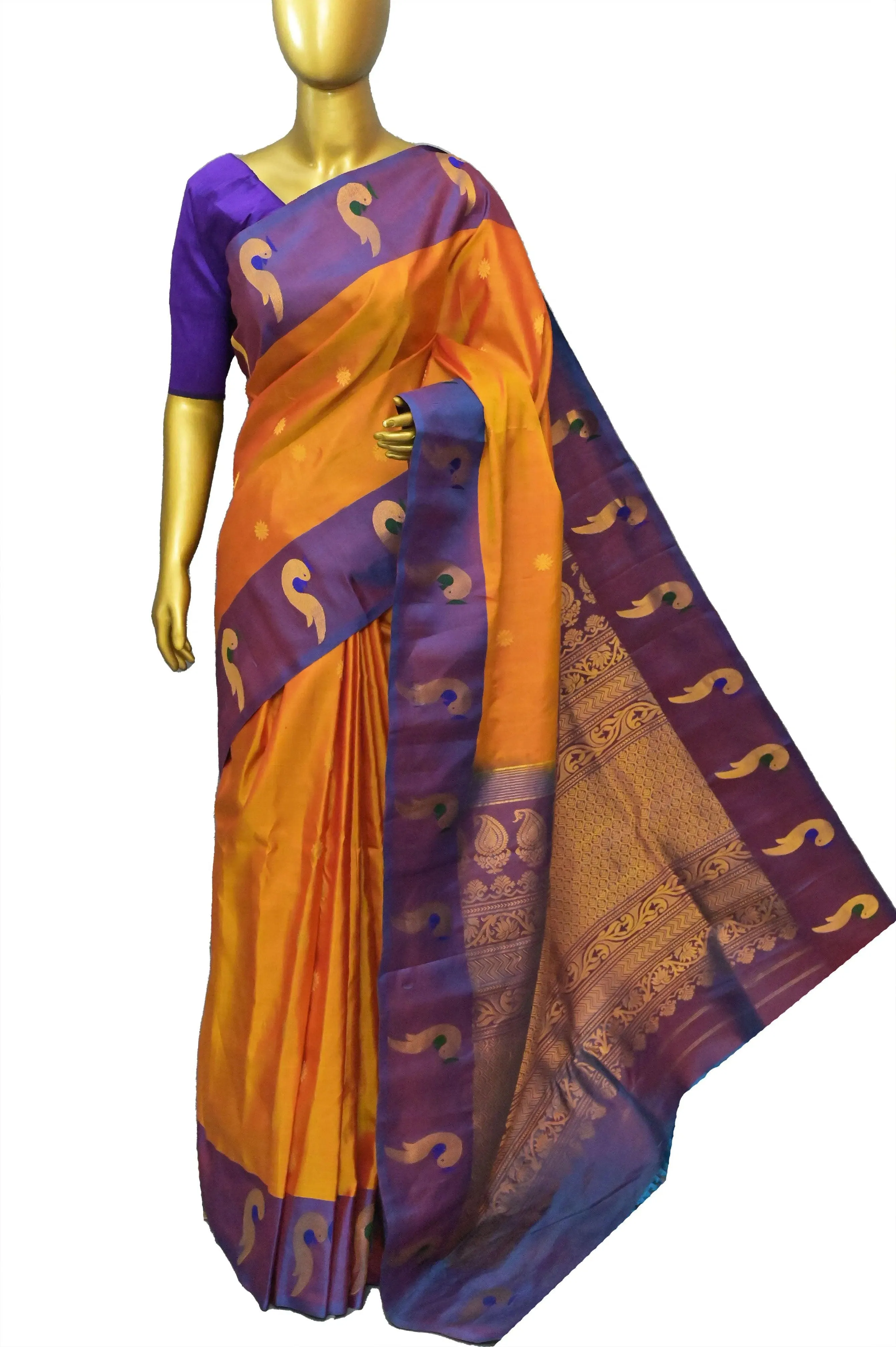 Dual Tone Orange and Yellow Color Gadwal Silk Saree in Paithani Style