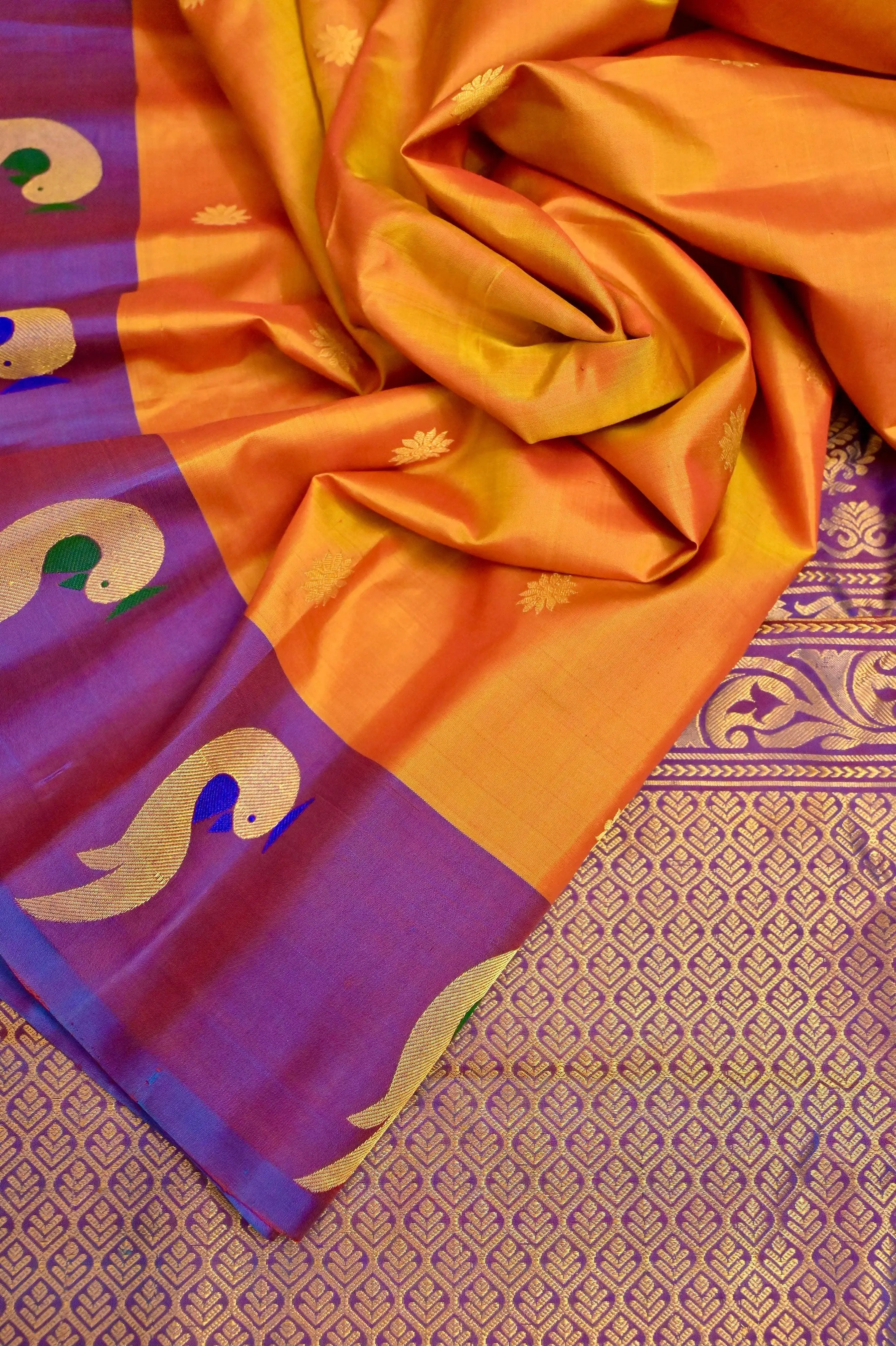 Dual Tone Orange and Yellow Color Gadwal Silk Saree in Paithani Style