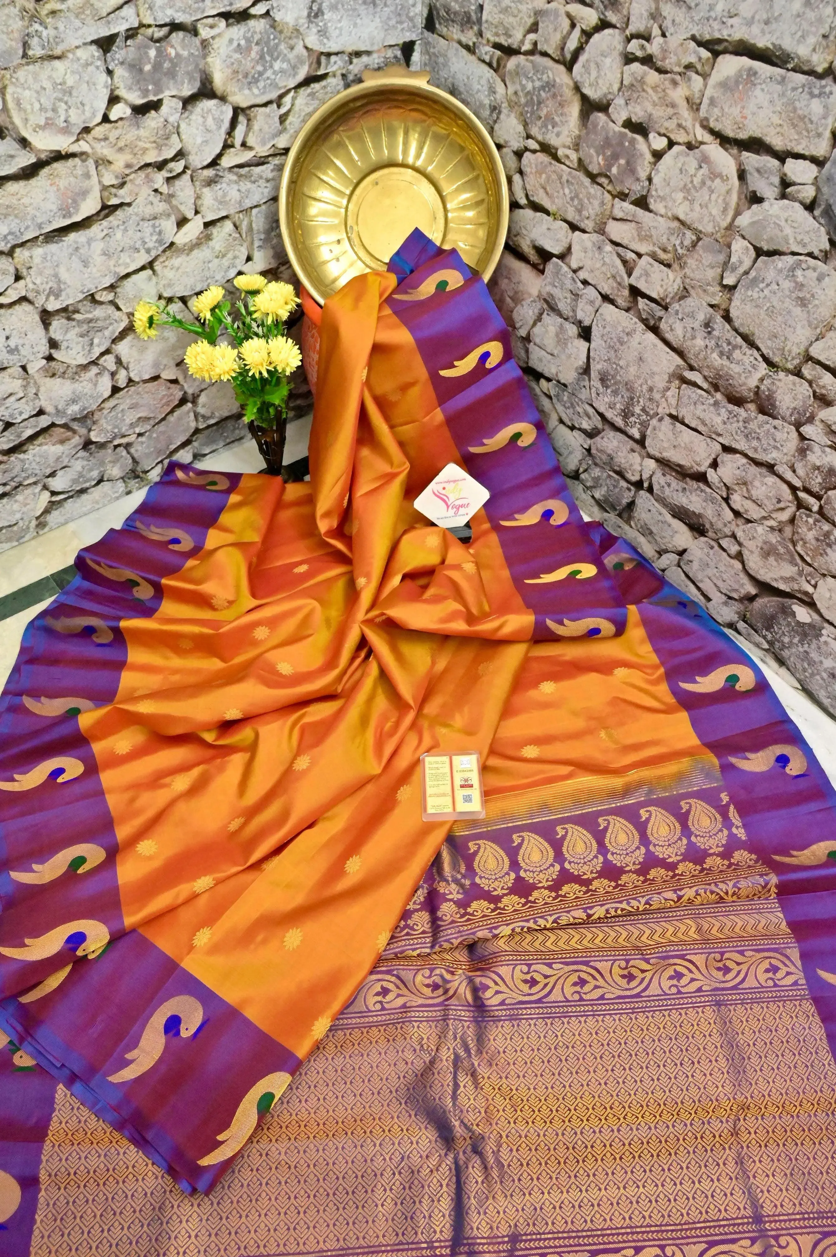 Dual Tone Orange and Yellow Color Gadwal Silk Saree in Paithani Style