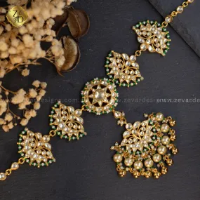 Emerald Green Pachi Kundan Sheesh Phool with Tikka- Headband