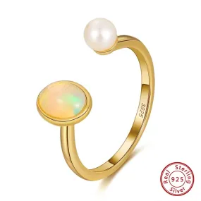 Fashionable Natural Opal Freshwater Pearl Ring - 925 Sterling Silver