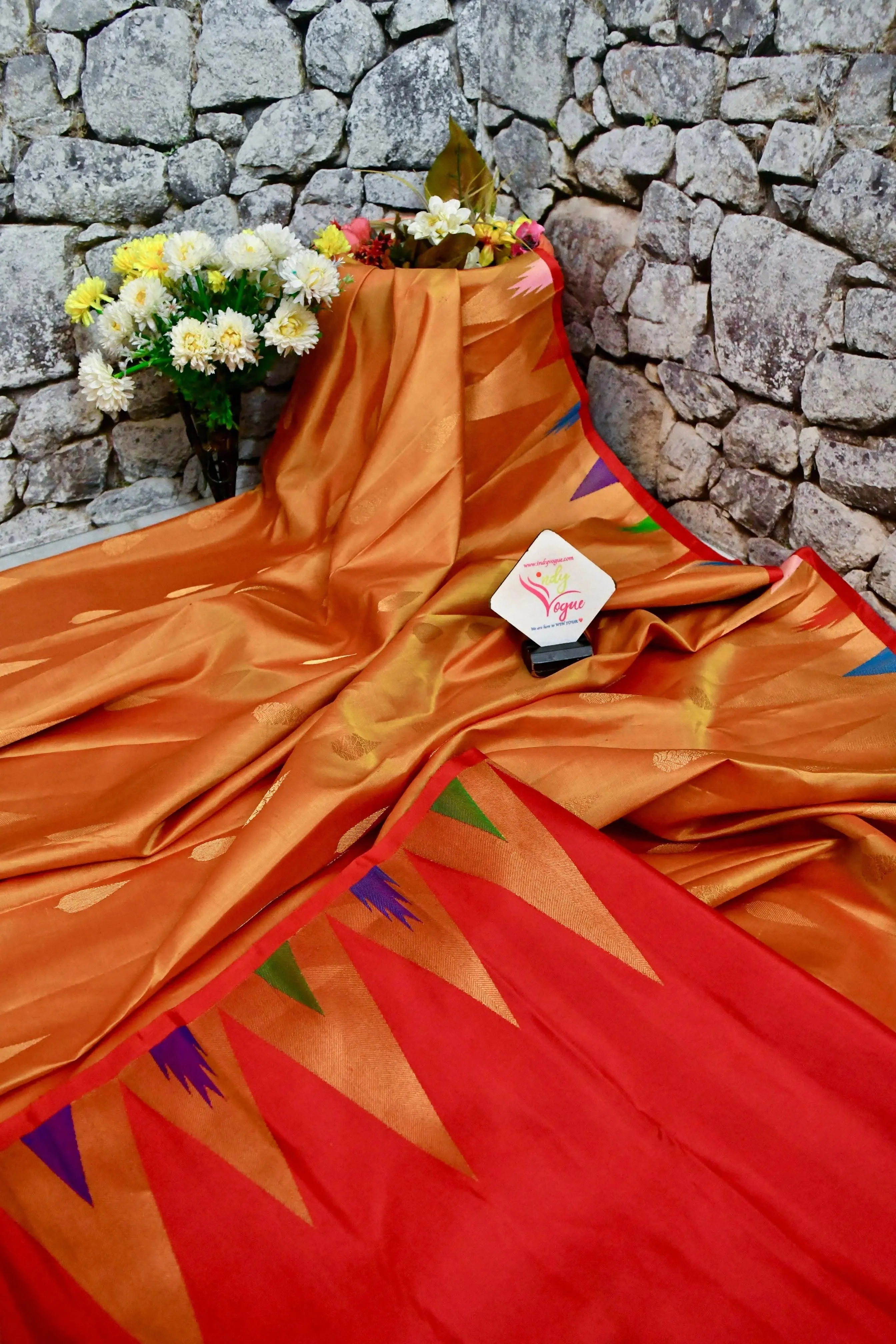 Fire Orange Color Gadwal Silk Saree with Meenakari Pallu and Temple Border